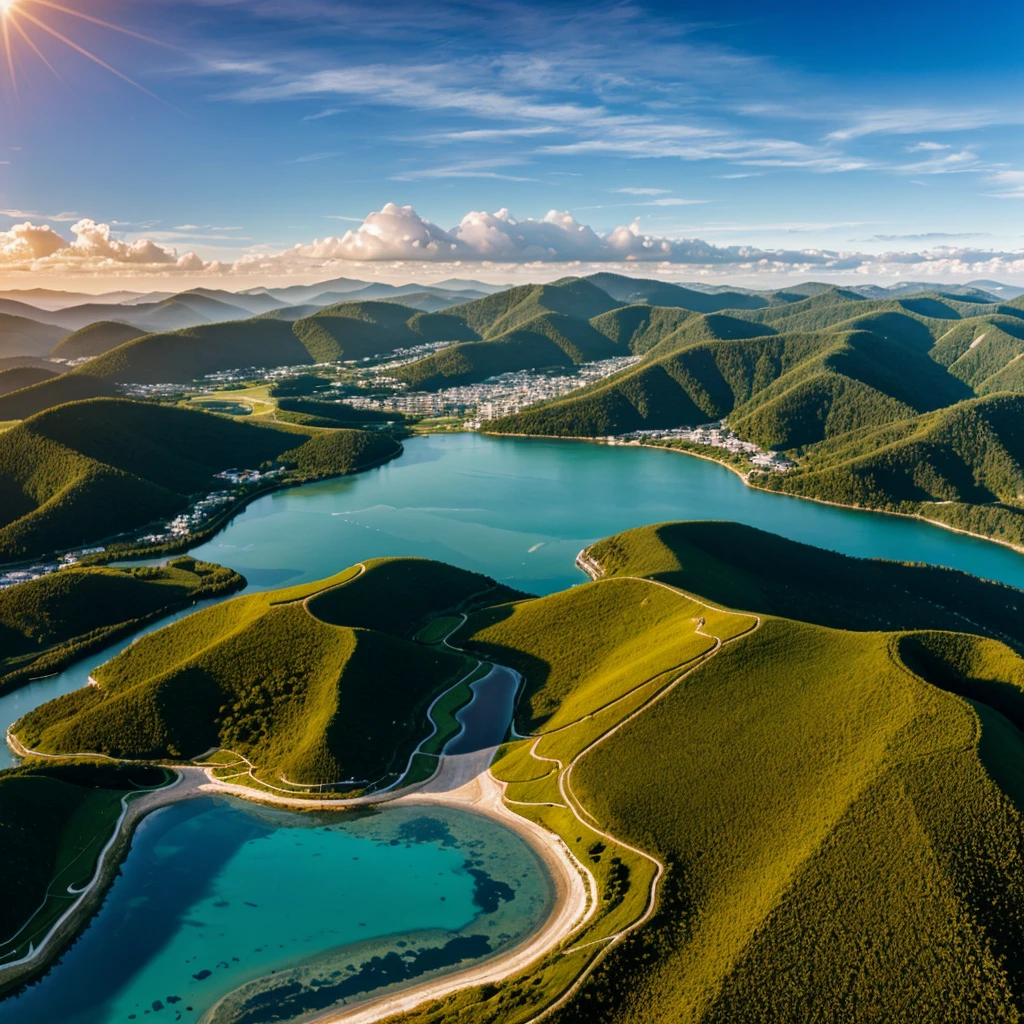 (best quality,4k,8k,highres,masterpiece:1.2),ultra-detailed,realistic,photorealistic:1.37,aerial view,landscape,beautiful detailed scenery,vibrant colors,peaceful atmosphere,fine brushstrokes,lush greenery,gentle slopes,tranquil water bodies,rolling hills,sunlit clouds,distant horizon line,impressive scale,a sense of vastness,soft sunlight,harmonious color palette,calm and serene ambiance,immersive depth,crisp and clear details,subtle variations in texture,sun-drenched landscape,soaring aerial perspective,expansive view,overlooking nature's beauty,dreamy and ethereal,fresh air and open skies