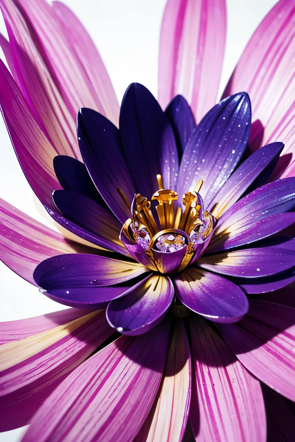 best quality, 32k, RAW photo, incredibly absurdres, extremely detailed, image of a flower made by finely crushing and stacking (shining metals plated AND shining colorful gems:1.4), that bloom like an explosion are absolutely beautiful, crazy blooming