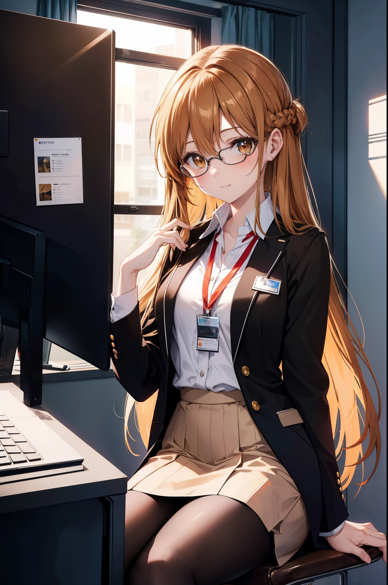 a sun ayuuki, a sun a yuuki, long hair, brown hair, (brown eyes:1.8), medium chest,smile,blush,OL, red glasses, end, black suit jacket, collared jacket, white dress shirt, collared shirt, neckline, button, strap, ID card on neck, black pencil skirt, black pantyhose, stiletto heels,There is a computer on the desk.,sitting in a chair with legs crossed,touch typing,interior,
break indoors, office,
break looking at viewer, (cowboy shot:1.5),
break (masterpiece:1.2), highest quality, High resolution, unity 8k wallpaper, (figure:0.8), (detailed and beautiful eyes:1.6), highly detailed face, perfect lighting, Very detailed CG, (perfect hands, perfect anatomy),