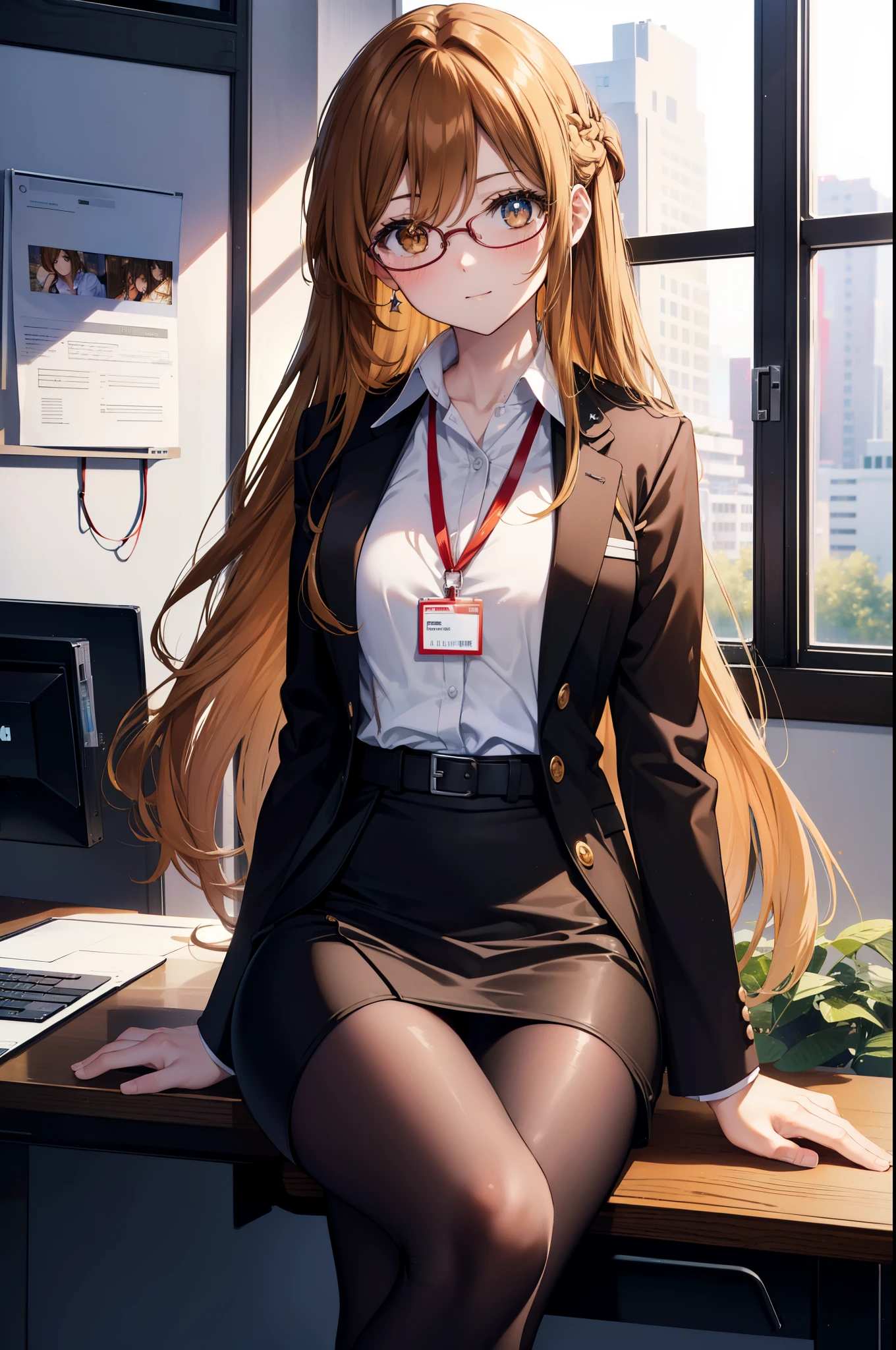 a sun ayuuki, a sun a yuuki, long hair, brown hair, (brown eyes:1.8), medium chest,smile,blush,OL, red glasses, end, black suit jacket, collared jacket, white dress shirt, collared shirt, neckline, button, strap, ID card on neck, black pencil skirt, black pantyhose, stiletto heels,There is a computer on the desk.,sitting in a chair with legs crossed,touch typing,interior,
break indoors, office,
break looking at viewer, (cowboy shot:1.5),
break (masterpiece:1.2), highest quality, High resolution, unity 8k wallpaper, (figure:0.8), (detailed and beautiful eyes:1.6), highly detailed face, perfect lighting, Very detailed CG, (perfect hands, perfect anatomy),