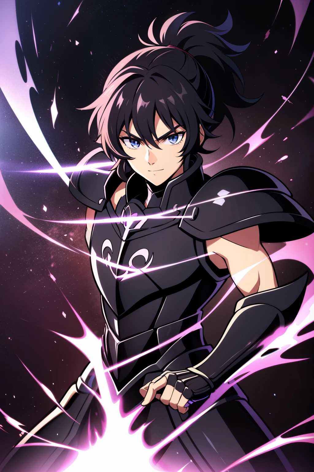 (high-quality, breathtaking),(expressive eyes, perfect face), 1boy, male, solo, half body, armor, dark onyx purple armor, saint seiya armor, spectre armor, fantasy armor, black hair, short length hair, brown eyes, ( watercolor \(medium\), black background, small smile, zoom out, ponytail
