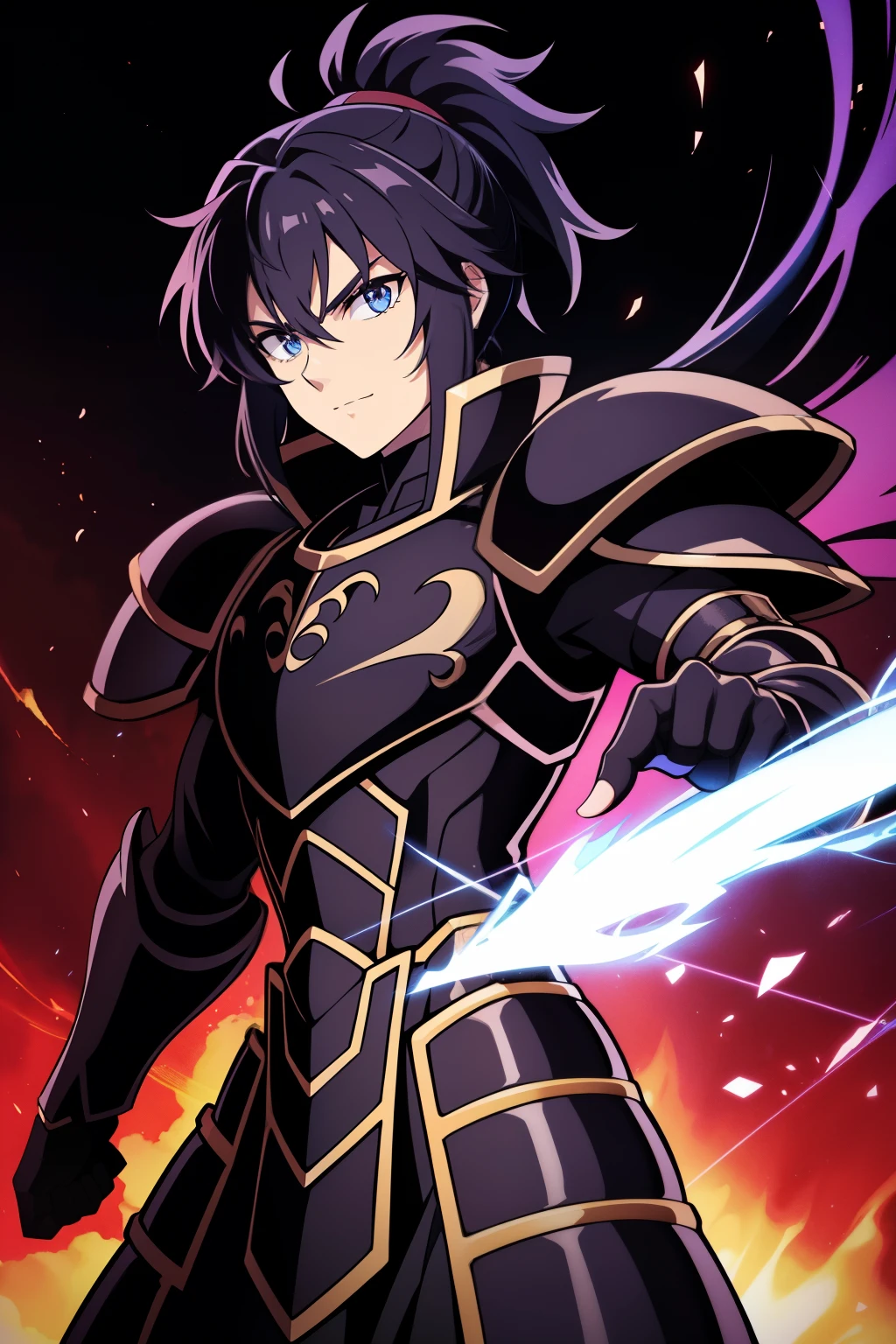 (high-quality, breathtaking),(expressive eyes, perfect face), 1boy, male, solo, half body, armor, dark onyx purple armor, saint seiya armor, spectre armor, fantasy armor, black hair, short length hair, brown eyes, ( watercolor \(medium\), black background, small smile, zoom out, ponytail
