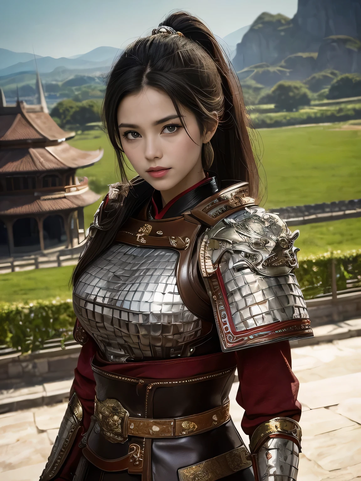 masterpiece，Best quality，HD quality，face close-up，A high resolution，8K，Ancient battlefield background, ((field：1.8))，(Female generals on the battlefield in the Han Dynasty)，18-year-old girl，（long ponytail hairstyle)，cparted lips，Full and erect breasts，Noble and charming，Elegant and serious，Chinese armor,sword, Chinese architecture, Brown cape，，The combination of white metal and red leather，chest armor，metallic luster，Leather buckle，Exquisite pattern，mysterious badge，Cool and gorgeouig breasts))，Chest groove，Three Kingdoms character painting style，Photo pose，oc render reflection texture，charming smile，Head-up shot，bright afternoon，woodland background