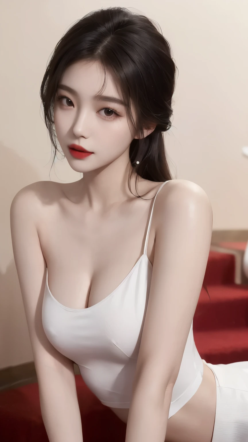 (masterpiece, best quality:1.4),thin lips,(Bright red lipstick:0.75), beautiful 21 year old woman korean, ((round breast)), topless on top of stairs