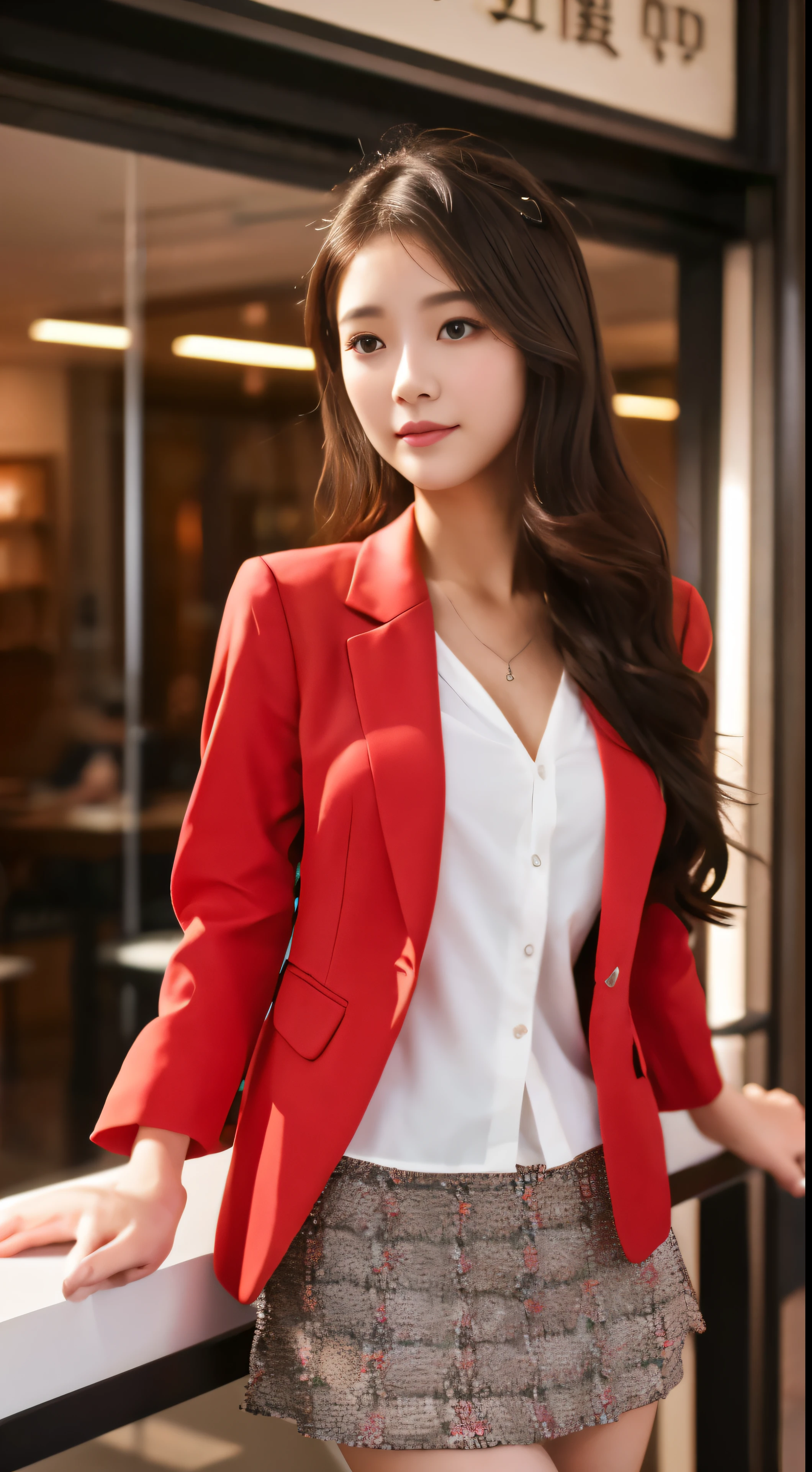 A masterpiece of the highest quality、1 girl、beautiful face、(photorealistic images:1.3)、A lonely European beauty with enchanting features、her characteristics are、Bathed in elegant rim lighting、Delicately detailed down to the smallest pores。Images are rendered in pristine 8K UHD resolution、Each pixel is meticulously created to bring out the essence of her glowing skin。This high quality photo was taken with a digital SLR、Capture every curve and contour of her enchanting form、Brought to life in every detail。 small cute girl , red formal blazer , short skirt , office , all of