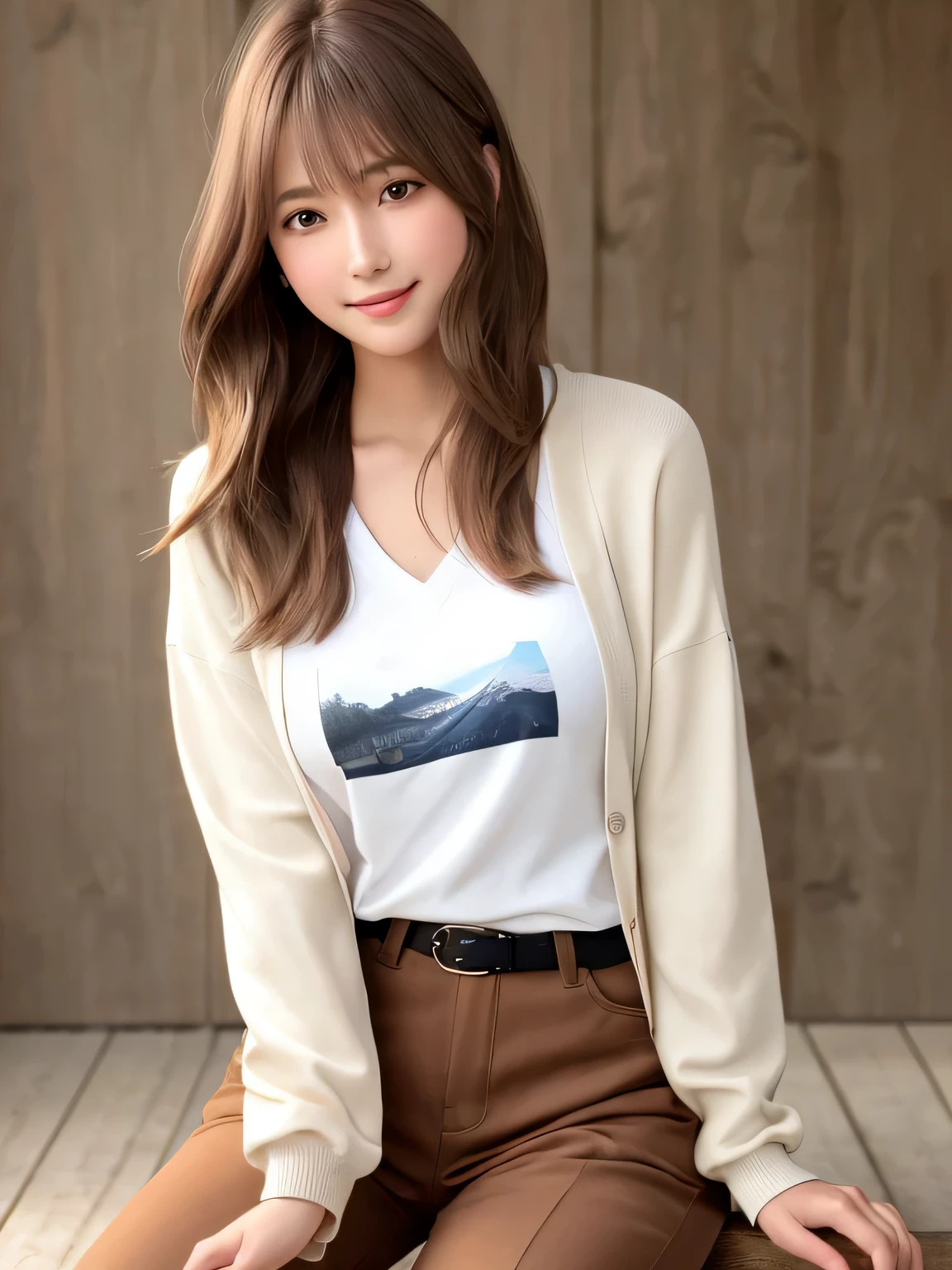 product quality, 1 girl per photo, Angle of looking up at the subject, cowboy shot, Side view, Japanese young cute girl, long bob hair, Wearing a wedding ring, A man with a big smile petting a horse at a London riding club, wear a pink long-sleeved cardigan over your shoulder, Wearing a T-shirt with graphics printed on it, wearing light brown pants, super cute face, glossy lips, double eyelids of both eyes, natural makeup, shiny smooth light brown hair of long bob hair, asymmetrical bangs, tanned skin, center image, 8K resolution, high detail, detailed hairstyle, detailed face, cinematic lighting, octane rendering, surreal, perfect limbs, perfect anatomy
