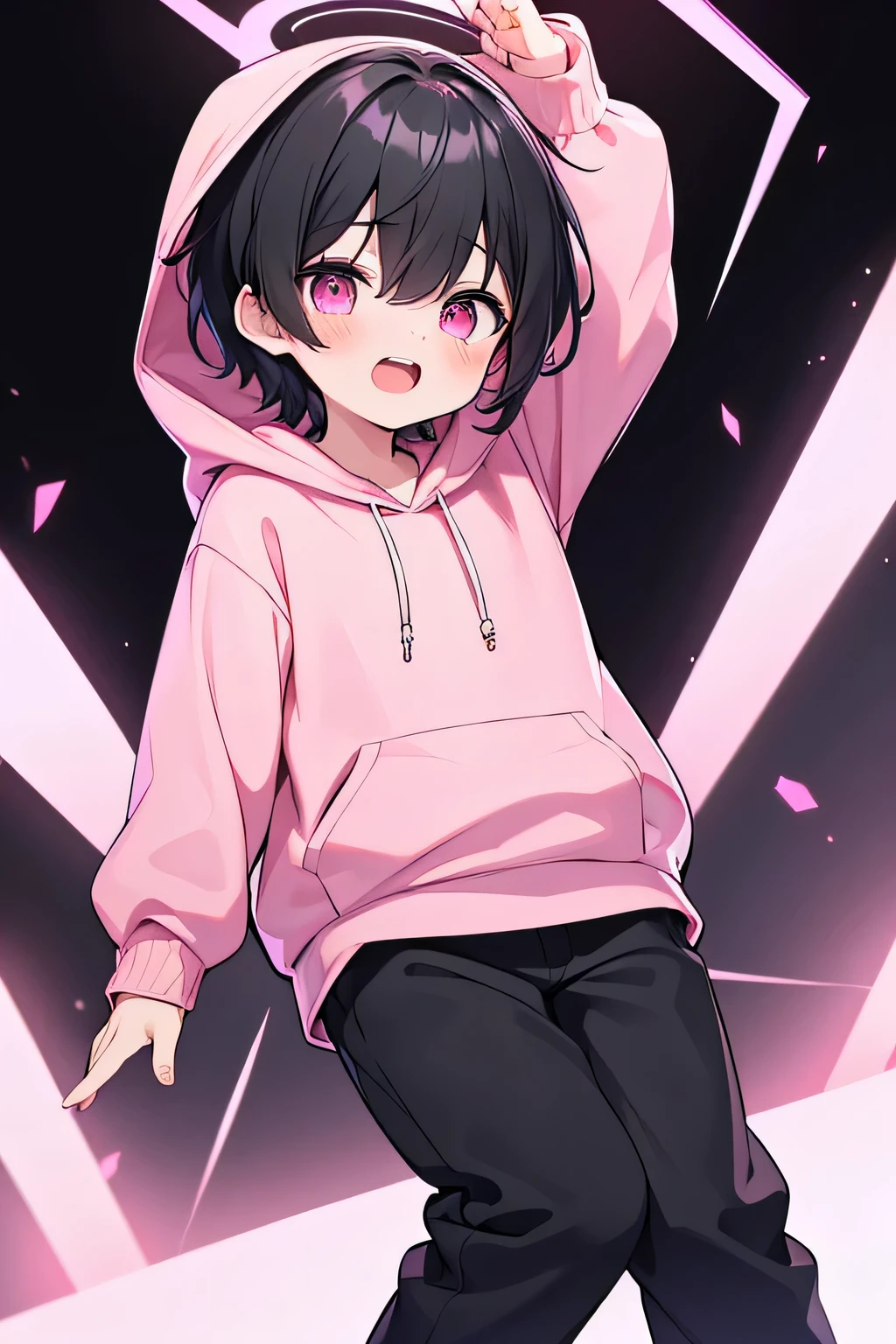 1boy,solo,black hair,pink eyes,(vivid colors)(sharp focus)[ultrasharp](best quality:1.2),[8k],[masterpiece:1.2],wearing plain pink hoodie,with pants,screaming,hands in the air