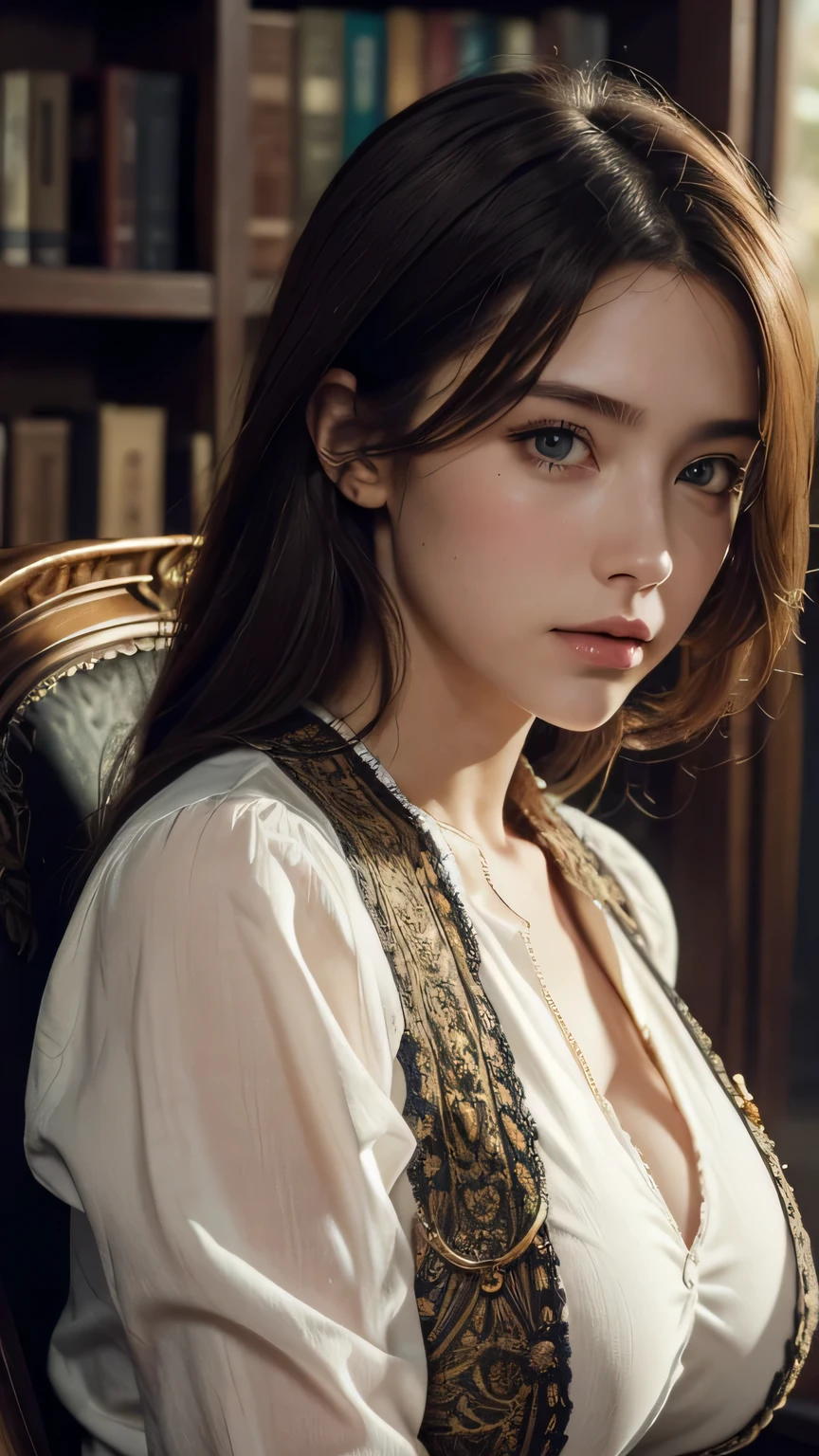 alone, 1 girl, masterpiece, highest quality, very detailed, cinematic lighting, intricate details, High resolution, official art, beautiful detailed face and eyes, High resolutionのイラスト, 8k, dark intense shadow, exposed, [blonde hair/brown hair], single edge, black eye, Lonely, sitting in a chair, Upper body, big breasts, white shirt, yellow suspenders, Book_stack, library, ((vine)), Rose, looking at the viewer(((Enlarged view of the face)))