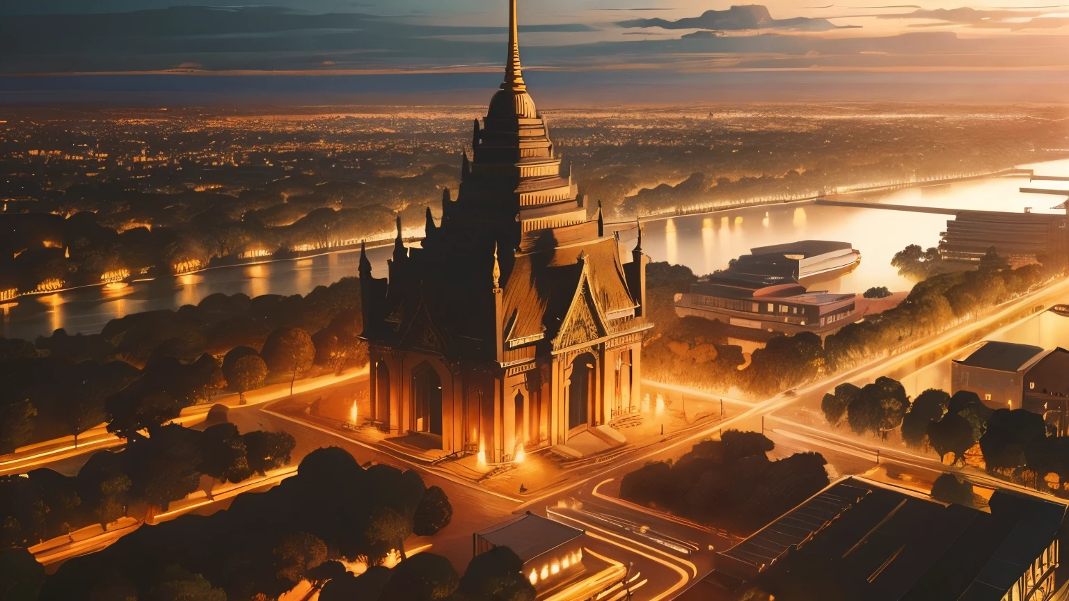 An anime-style aerial view of Bangkok, with a focus on the glittering Wat Arun temple at the heart of the city.
The intricate details of the temple's architecture are highlighted in gold, standing majestically along the riverbank.
The surrounding cityscape basks in the bright, clear sky, showcasing a harmonious blend of tradition and modernity.