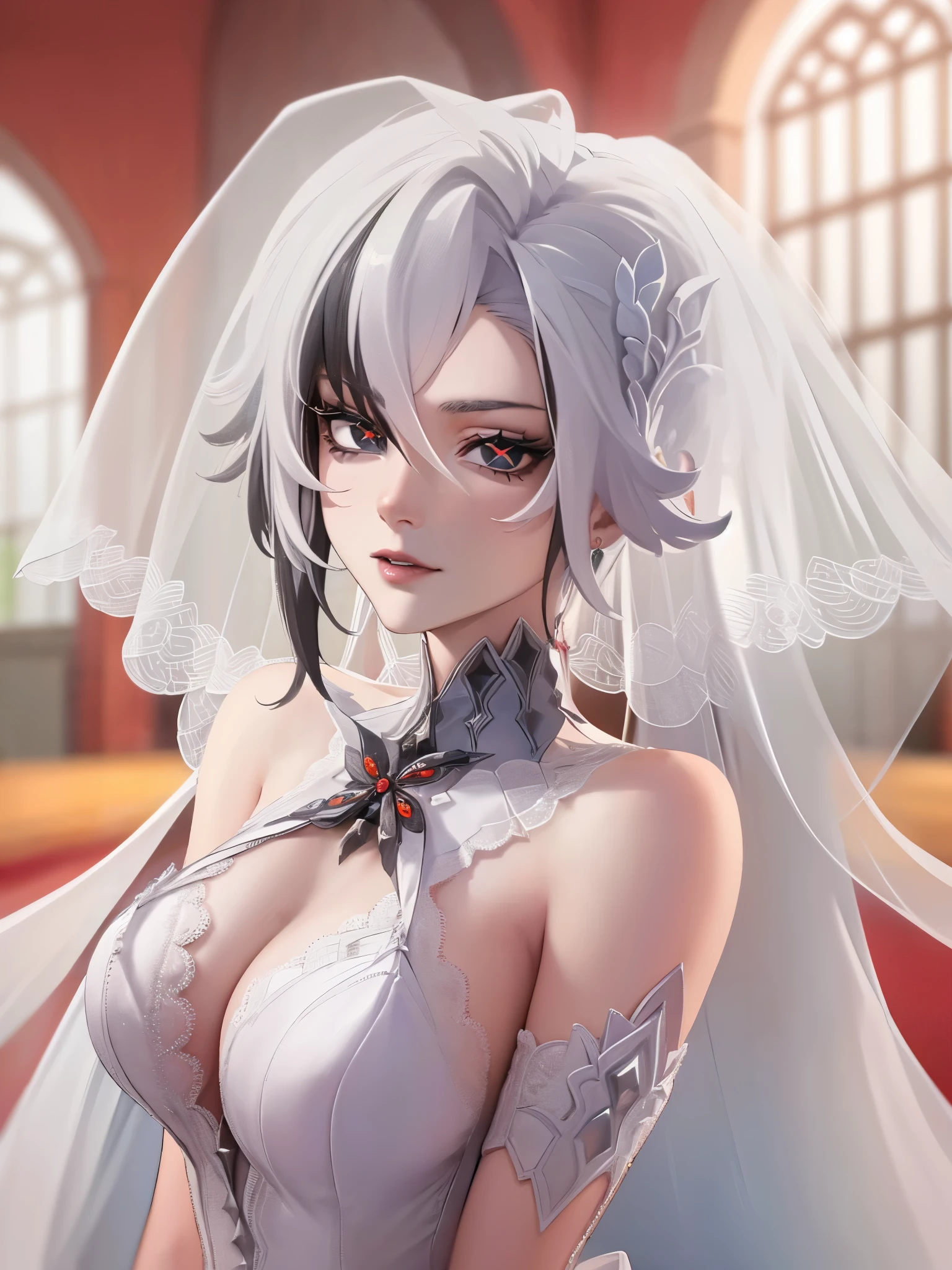 UHD, ccurate, masterpiece, anatomically correct, textured skin, super detail, best quality, 16k, 1080P,SOLO,(1 Female,perfect body, white short hair,light smile),(blue eyes:1.7)(red x-shaped pupils:1.7),(wearing A White low-cut wedding dress:1.7),(Wearing white gloves:1.4),(Wearing a white veil:1.7),(Close-up)(upper focus:1.7), (in church),(Genshin Impact/Arlecchino)