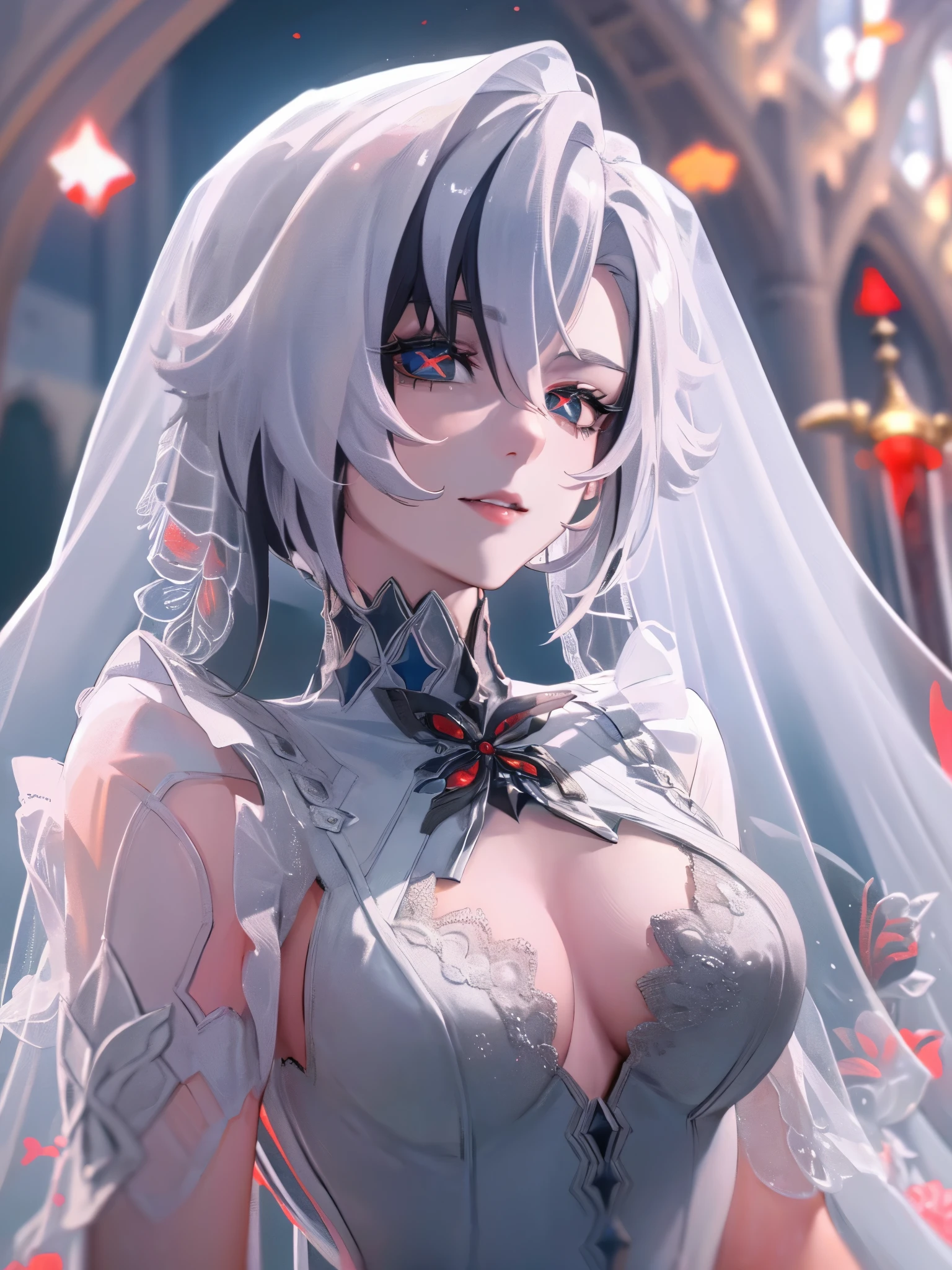 UHD, ccurate, masterpiece, anatomically correct, textured skin, super detail, best quality, 16k, 1080P,SOLO,(1 Female,perfect body, white short hair,light smile),(blue eyes:1.7)(red x-shaped pupils:1.7),(wearing A White low-cut wedding dress:1.7),(Wearing white gloves:1.4),(Wearing a white veil:1.7),(Close-up)(upper focus:1.7), (in church),(Genshin Impact/Arlecchino)