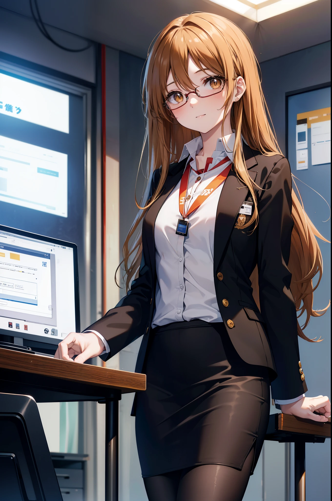 a sun ayuuki, a sun a yuuki, long hair, brown hair, (brown eyes:1.8), medium chest,smile,blush,OL, red glasses, end, black suit jacket, collared jacket, white dress shirt, collared shirt, neckline, button, strap, ID card on neck, black pencil skirt, black pantyhose, stiletto heels,There is a computer on the desk.,sitting in a chair with legs crossed,touch typing,interior,
break indoors, office,
break looking at viewer, (cowboy shot:1.5),
break (masterpiece:1.2), highest quality, High resolution, unity 8k wallpaper, (figure:0.8), (detailed and beautiful eyes:1.6), highly detailed face, perfect lighting, Very detailed CG, (perfect hands, perfect anatomy),