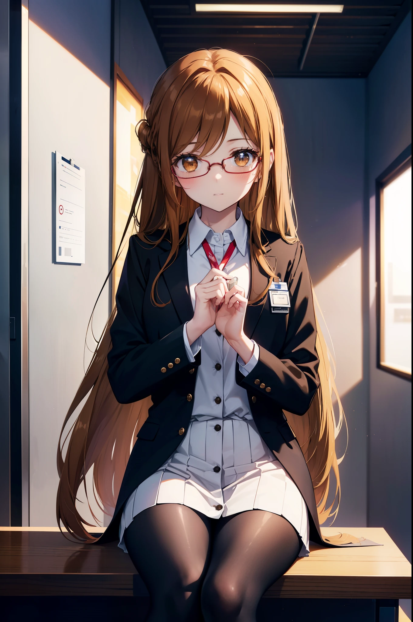 a sun ayuuki, a sun a yuuki, long hair, brown hair, (brown eyes:1.8), medium chest,smile,blush,OL, red glasses, end, black suit jacket, collared jacket, white dress shirt, collared shirt, neckline, button, strap, ID card on neck, black pencil skirt, black pantyhose, stiletto heels,There is a computer on the desk.,sitting in a chair with legs crossed,touch typing,interior,
break indoors, office,
break looking at viewer, (cowboy shot:1.5),
break (masterpiece:1.2), highest quality, High resolution, unity 8k wallpaper, (figure:0.8), (detailed and beautiful eyes:1.6), highly detailed face, perfect lighting, Very detailed CG, (perfect hands, perfect anatomy),