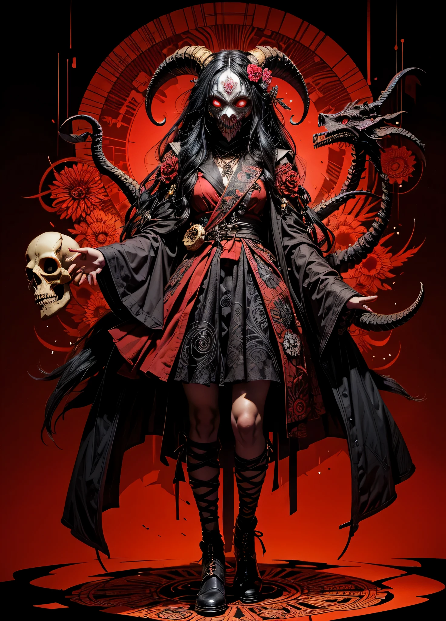 official art, unity 8k wallpaper, Super detailed, masterpiece, highest quality, (zentangle, mandala, tangle, entangle), flat color, Limited palette, 1 girl, serafuku, long straight black hair, licorice flower, goat skull, (red, black), (horror), (dark), Blood, cyberpunk mask, lovecraft author, monster, shadow man
