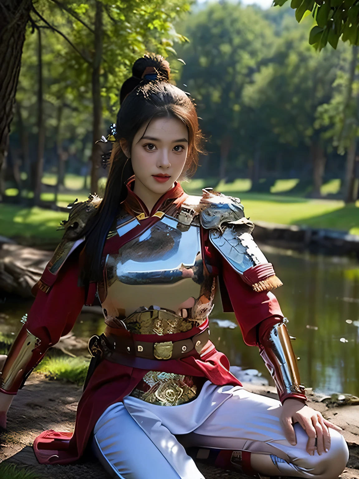 masterpiece,Best quality,HD quality,face close-up,A high resolution,8K,Ancient battlefield background, ((field:1.8)),(Female generals on the battlefield in the Han Dynasty),18-year-old girl,(long ponytail hairstyle),cparted lips,Full and erect breasts,Noble and charming,Elegant and serious,Chinese armor,sword, Chinese architecture, Brown cape,,The combination of white metal and red leather,chest armor,metallic luster,Leather buckle,Exquisite pattern,mysterious badge,Cool and gorgeouig breasts)),Chest groove,Three Kingdoms character painting style,Photo pose,oc render reflection texture,charming smile,Head-up shot,bright afternoon,woodland background
