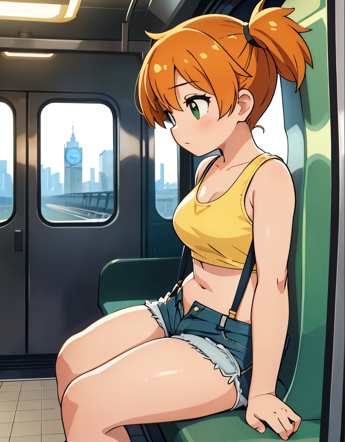 (best quality,4k,highres:1.2),detailed depiction of a girl's face and body,obese man's detailed face and body,extremely detailed facial features of both,detailed depiction of a metro station,realistic lighting and shadows,urban atmosphere,vibrant colors,photorealistic style,soft natural lighting,beautiful girl,expressive eyes,intense emotions,strong physical connection between the girl and the man,misty, 1girl, breasts, looking_at_viewer, short_hair, closed_mouth, bangs, navel, hair_between_eyes, bare_shoulders, sitting, green_eyes, full_body, lying, sleeveless, midriff, orange_hair, side_ponytail, crop_top, looking_to_the_side, eyelashes, bare_legs, sleeveless_shirt, leaning_forward, arm_support, suspenders, tank_top, denim_shorts, yellow_shirt, hair_tie, green_shorts, suspender_shorts, yellow_tank_top, body shape, small breast, chubby thighs, thick thighs, immersive surroundings,attention to textures and materials,reflection of the metro station's architecture,glimpses of passing trains,compelling composition,complexions in warm tones,foggy atmosphere,intimate atmosphere,dynamic perspective,subtle details in clothing,subtle hints of movements,realistic proportions and anatomy,rich and vibrant color palette,attractive lighting contrasts,engaging narrative,meticulous attention to character expression and body language,convincing depth and dimension,poignant moments captured,unique and captivating storytelling,energetic urban vibe,precise portrayal of characters,exceptional image quality.
