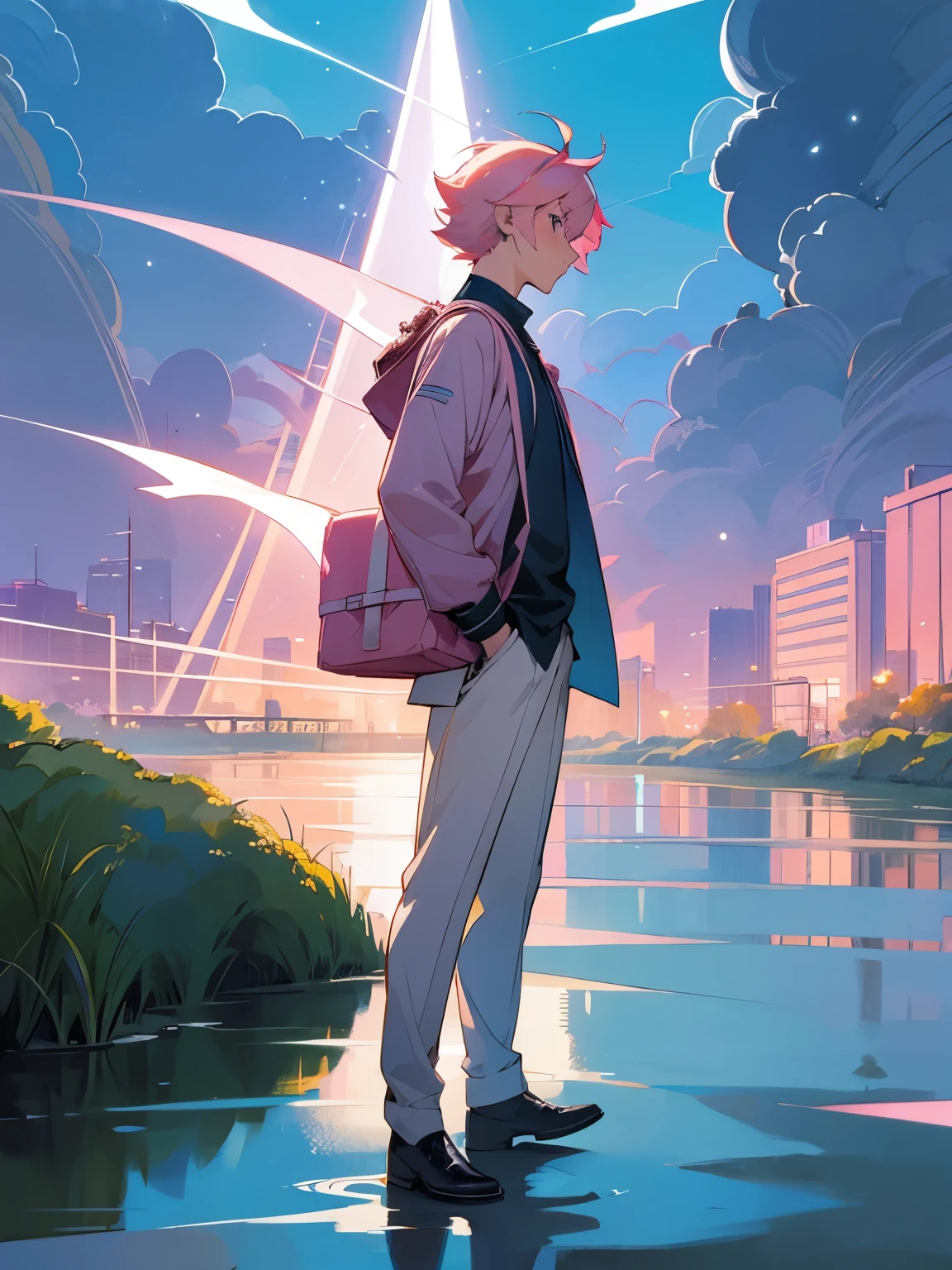 Illustration style,Anime characters,Full body like,Full body illustration,baby pink hair,short detailed hair,Handsome man,bookbag,River side,rays of moonlight