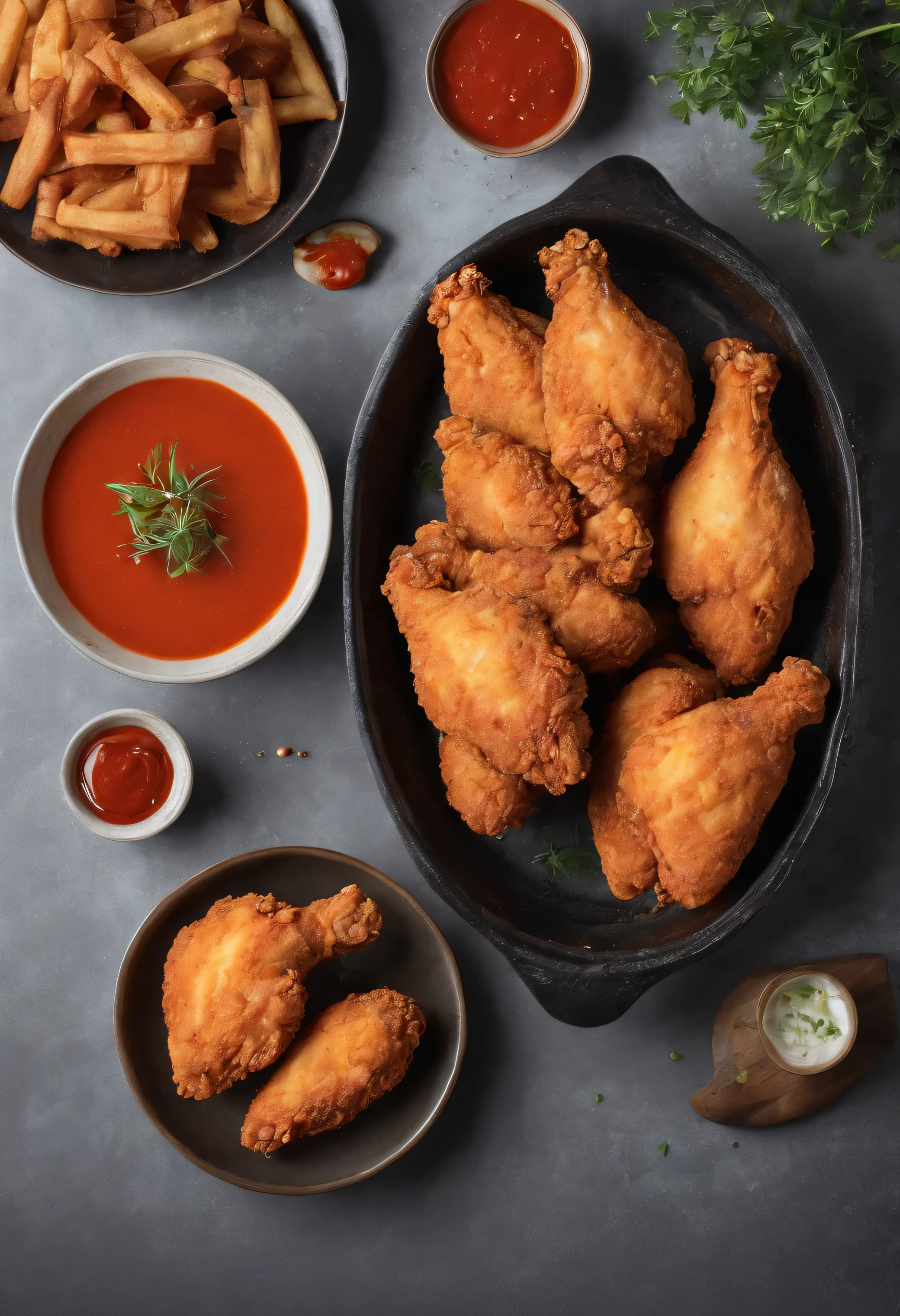 fried chicken, Kitchen background, red sauce