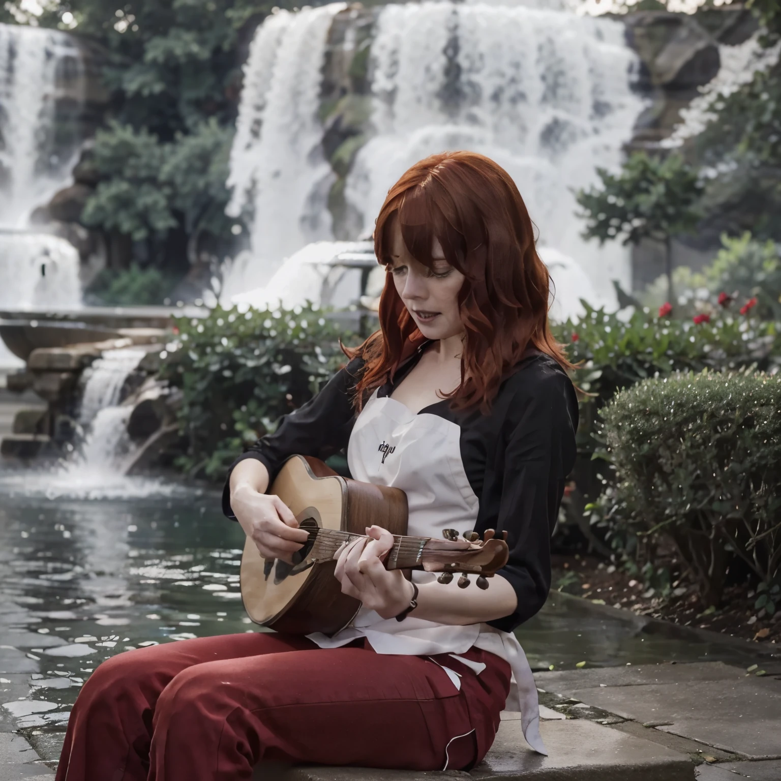 Beautiful girl. Devola. Redhead. She is wearing red pants, a black blouse and a white apron. Sitting in front of a fountain. Playing guitar. She is sad and crying