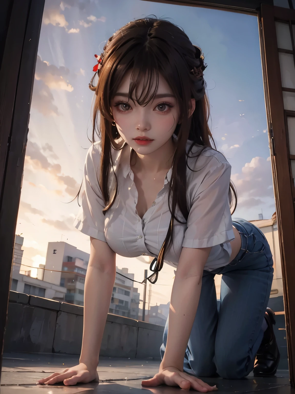 （Modify hair only、Face）Reddish-brown hair，Long curly hair，high ponytail，red headdress，red eyes，red eye，red pupils，Delicate and detailed eyes，sparkling eyes，huge 