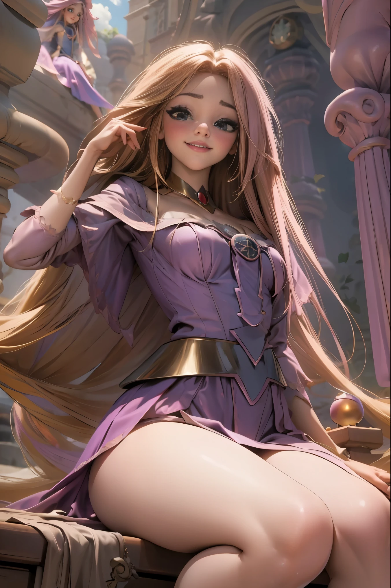 Dark magician gils como Rapunzel .. cabello largo hasta los pies de color dorado. Ojos verdes. labios rosados. Peinando su cabello largo y dorado. Pose sexy y inocente. Sonriente. Fairy tale tower background