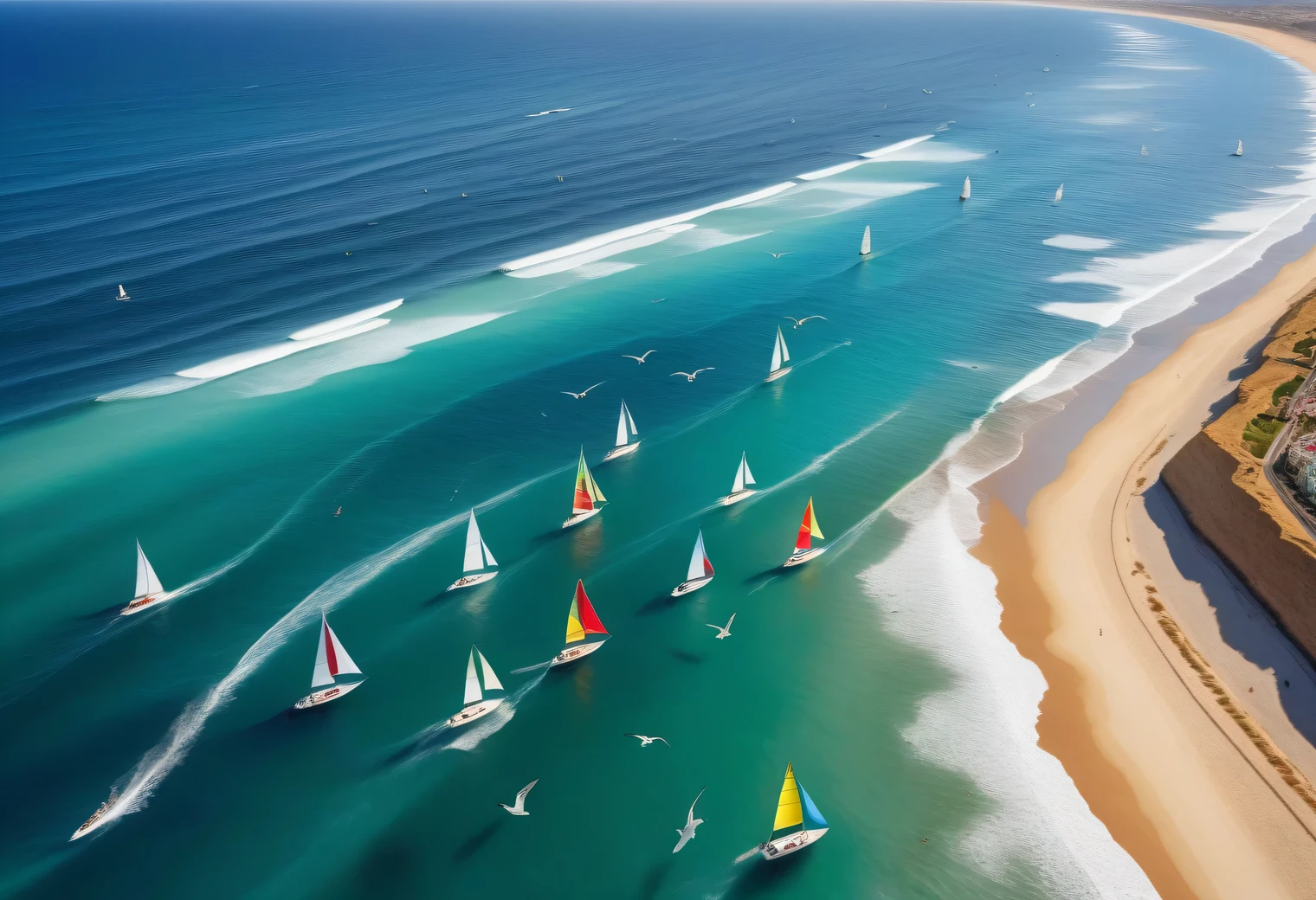 bird&#39;s-eye, The sea with waves, surfers ride the waves, seagulls fly over the sea, sailing yachts with colored sails far from the shore, Warm, Solar, Beautiful, A high resolution, the picture is shown in detail, 32K, Photorealistic