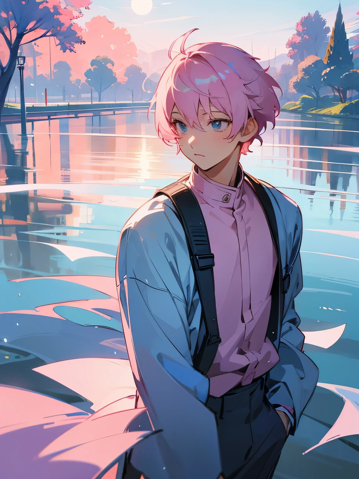 Illustration style,Anime character,baby pink hair,short detailed hair,Handsome man,bookbag,River side,rays of moonlight