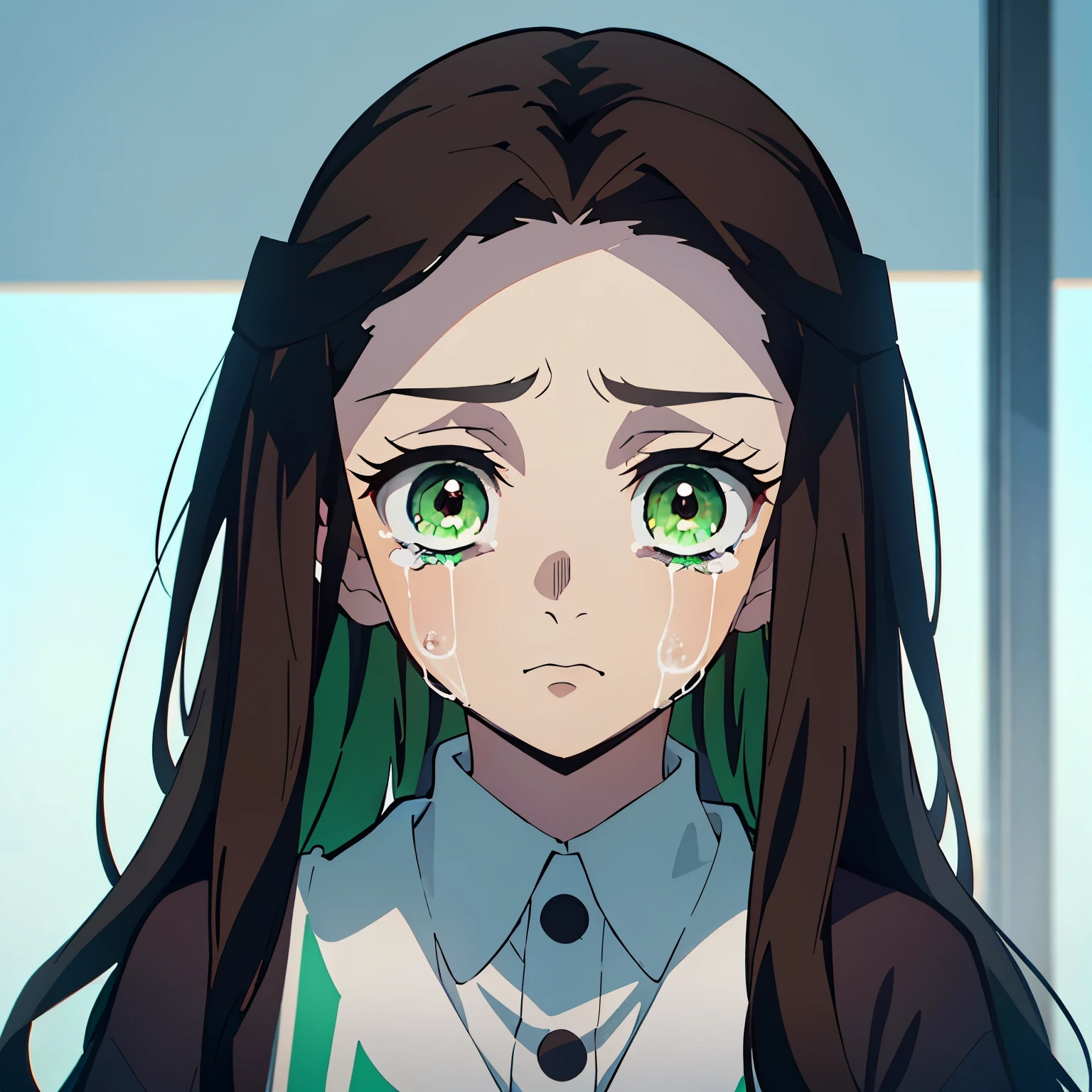 (Best quality:1.2), (a woman:1.3), (green eyes:1.1), (brown long straight hair:1.4), (tears:1.2), (crying:1.3), (details:1.5) In the style of Kimetsu no Yaiba, anime, a girl with long brown hair and dull green eyes cries inconsolably. Tears stream from her eyes as her expression reflects profound sadness. Her face is marked by pain, and her body slightly shrinks as if overwhelmed by emotion. Despite the animated artistic style, the intensity of her sorrow is palpable, conveying a sense of anguish and desolation.