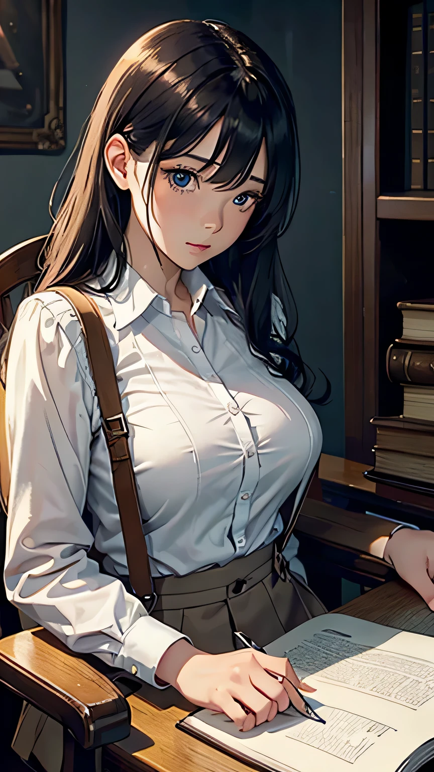 alone, 1 girl, masterpiece, highest quality, very detailed, cinematic lighting, intricate details, High resolution, official art, beautiful detailed face and eyes, High resolutionのイラスト, 8k, dark intense shadow, exposed, [blonde hair/brown hair], single edge, black eye, Lonely, sitting in a chair, Upper body, big breasts, white shirt, yellow suspenders, Book_stack, library, ((vine)), Rose, looking at the viewer