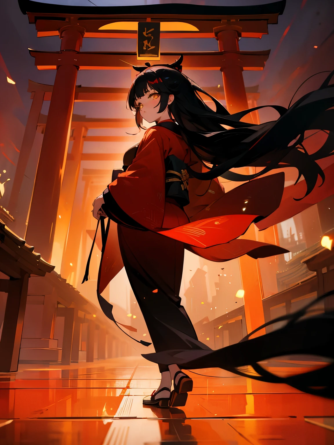 masterpiece, best quality, ultra-detailed, absurdres, 1girl, yellow eyes, black hair, long hair, floating hair, detailed eyes, wide-eyed, eyelashes, looking at viewer, torii, red theme, kimono, walking, particles