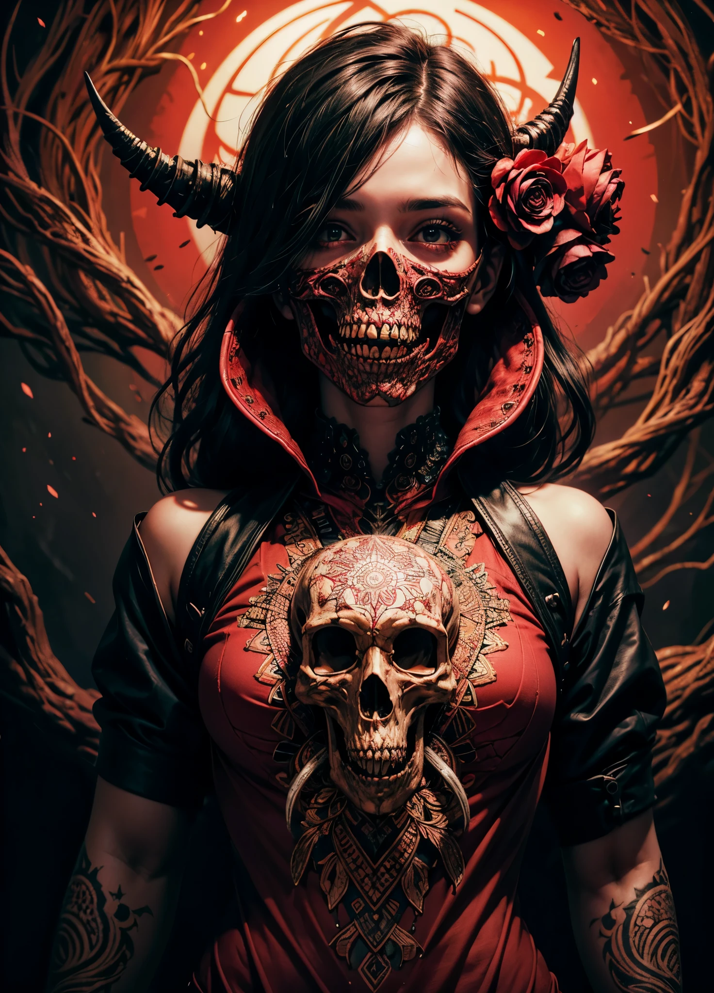 official art, unity 8k wallpaper, super detailed, masterpiece, highest quality, (zentangle, mandala, tangle, entangle), flat color, Limited palette, 1 girl, serafuku, long straight black hair, licorice flower, goat skull, (red, black), (horror), (dark), Blood, cyberpunk mask, lovecraft author, monster, shadow man