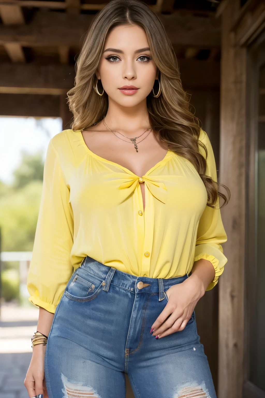 (incredibly absurd, ultra detailed, CG, drive ,8k wallpaper) (masterpiece), (realistic), (photorealistic:1.2), (raw photo:1.2), (best quality:1.2), (detailed face:1.4), (beautiful detailed eyes:1.2), (detailed hair), light on face, large file size ,cinematographic lighting,1 girl,sexy,nsfw,eyeliner, kawaii, student, long hair, ((blond hair)), (wavy hair), hair decoration, ((eyes without expression)), blue eyes, ((big breasts)), pink lips, makeup, (revealing clothes), (((yellow blouse off)), and some short blue scraped jeans)), jewelry, earrings, necklace, looking at the viewer, depth of field, ((photo taken half a body), ((short smile))