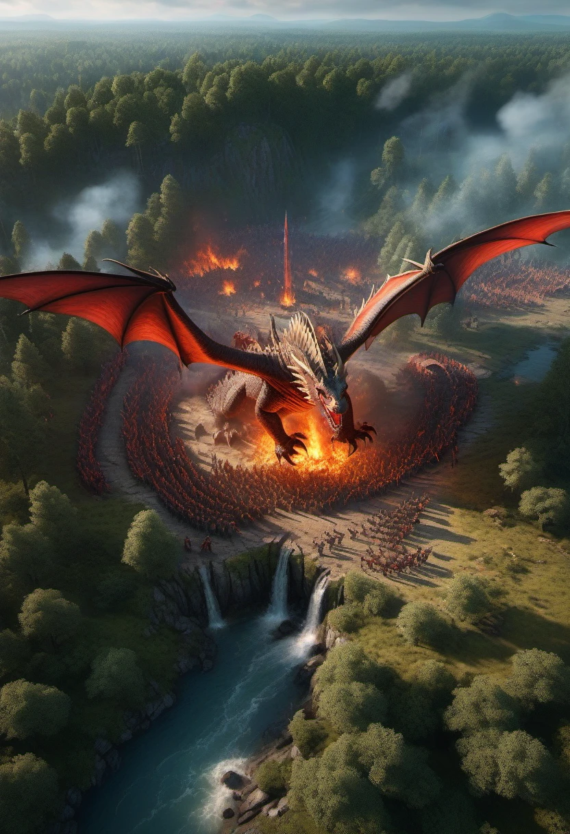 bird's eye view, Top quality, 4K, high resolution, masterpiece: 1.2, ultra-detailed, fantasy world, realistic, huge and detailed dragons, brave warriors fighting, forests with ravaged and burning trees, elves, beastmen, dwarves, magic and more. Warriors wielding weapons, aerial perspective, bright red scales, and fearlessness of conflict.