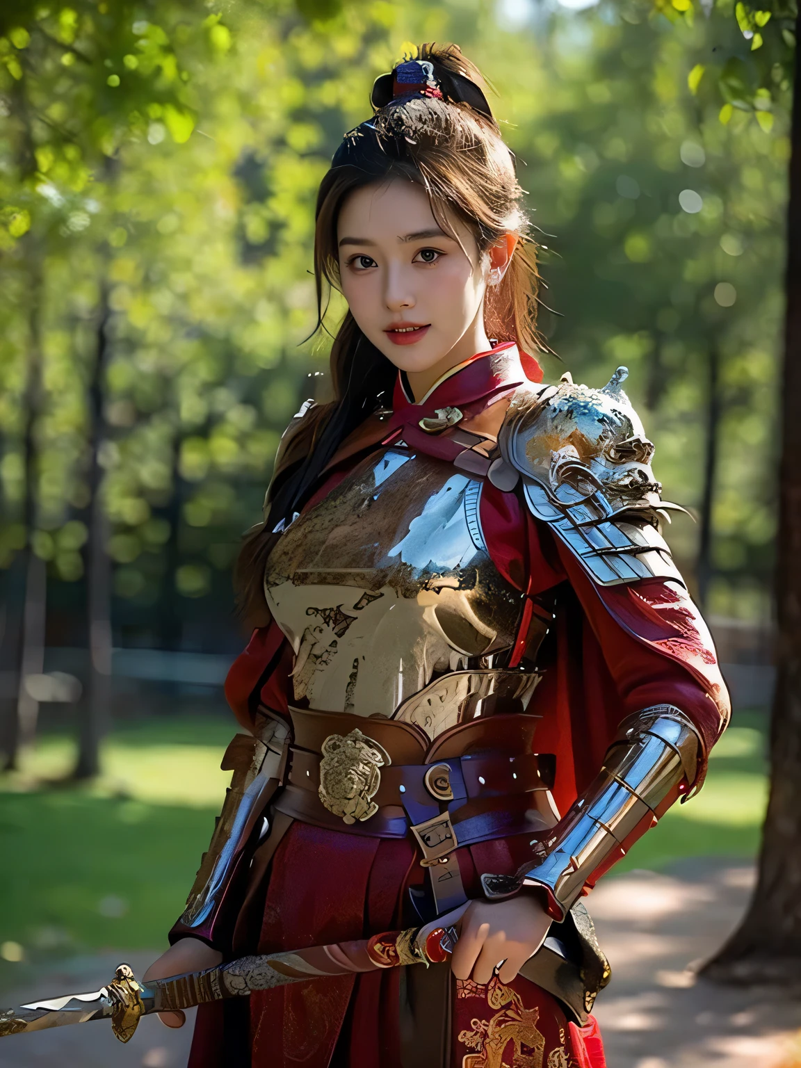 masterpiece，Best quality，HD quality，face close-up，A high resolution，8K，Ancient battlefield background, ((field：1.8))，(Female generals on the battlefield in the Han Dynasty)，18-year-old girl，（long ponytail hairstyle)，cparted lips，Full and erect breasts，Noble and charming，Elegant and serious，Chinese armor,sword, Chinese architecture, Brown cape，，The combination of white metal and red leather，chest armor，metallic luster，Leather buckle，Exquisite pattern，mysterious badge，Cool and gorgeouig breasts))，Chest groove，Three Kingdoms character painting style，Photo pose，oc render reflection texture，charming smile，Head-up shot，bright afternoon，woodland background