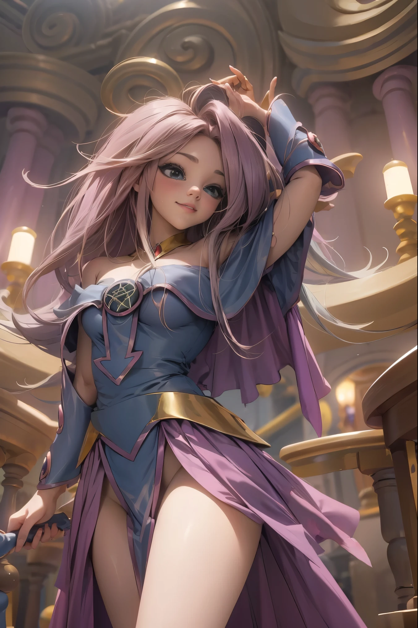 Dark magician gils como Rapunzel .. cabello largo hasta los pies de color dorado. Ojos verdes. labios rosados. Peinando su cabello largo y dorado. Pose sexy y inocente. Sonriente. Fairy tale tower background