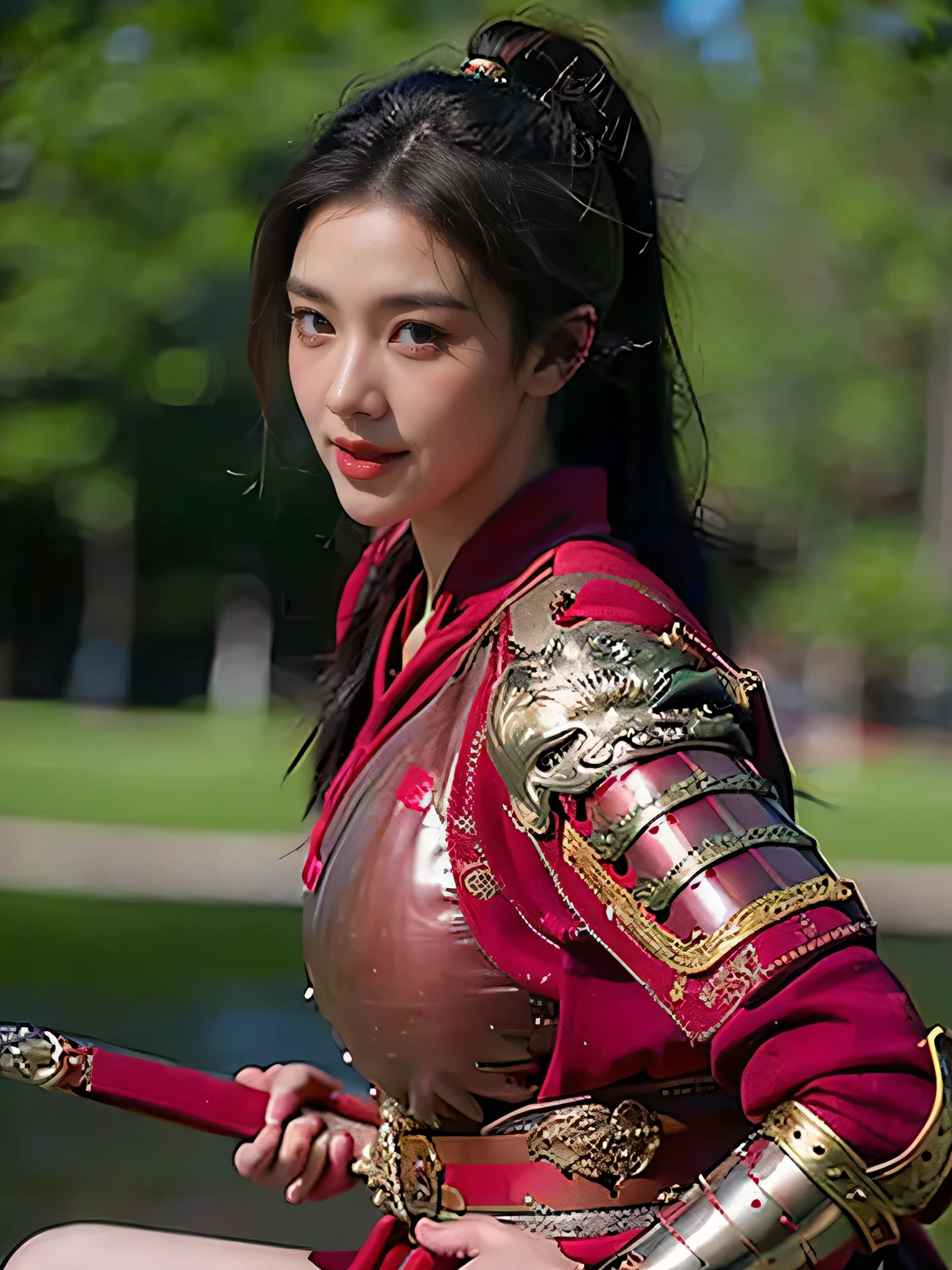 masterpiece，Best quality，HD quality，face close-up，A high resolution，8K，Ancient battlefield background, ((field：1.8))，(Female generals on the battlefield in the Han Dynasty)，18-year-old girl，（long ponytail hairstyle)，cparted lips，Full and erect breasts，Noble and charming，Elegant and serious，Chinese armor,sword, Chinese architecture, Brown cape，，The combination of white metal and red leather，chest armor，metallic luster，Leather buckle，Exquisite pattern，mysterious badge，Cool and gorgeouig breasts))，Chest groove，Three Kingdoms character painting style，Photo pose，oc render reflection texture，charming smile，Head-up shot，bright afternoon，woodland background