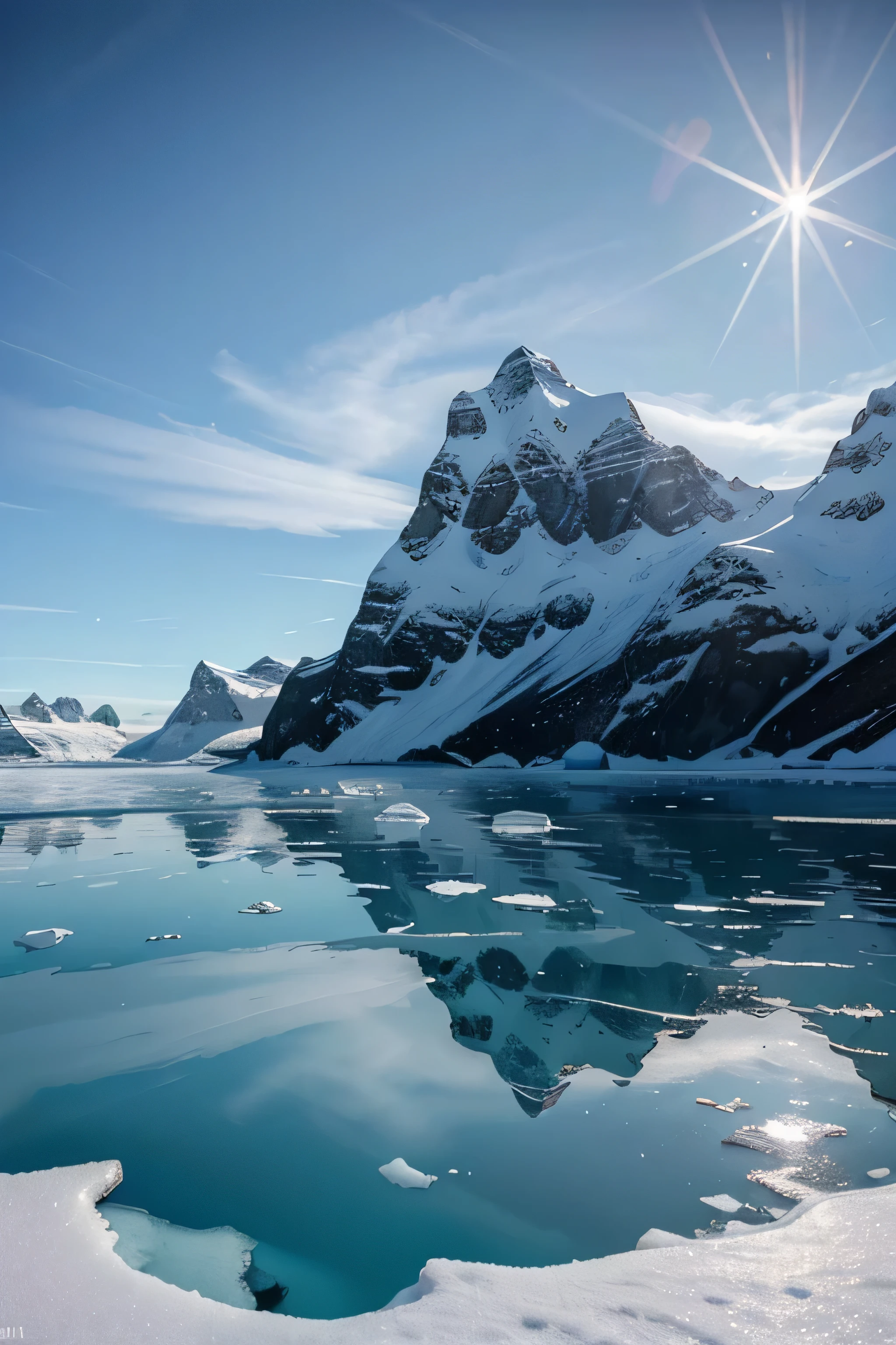 A cruise ship in icy waters, snow-covered Antarctic islands, tranquil and desolate, breathtaking scenery, crisp and cold air, pristine white landscape, vast frozen ocean, towering icebergs, untouched and remote, frozen wilderness, dramatic mountains, jagged peaks, serene and peaceful atmosphere, remote and isolated islands, untouched by human presence, endless horizon, clear blue sky, reflection of sunlight on the icy surface, sparkling and glistening ice, ethereal beauty, surreal and otherworldly, sense of adventure and exploration, the immensity of nature, the power of the elements, isolation and solitude, the grandeur of the polar region, a sense of awe and wonder. (best quality, highres, ultra-detailed), realistic, HDR, vivid colors, sharp focus, professionally composed, breathtaking masterpiece.