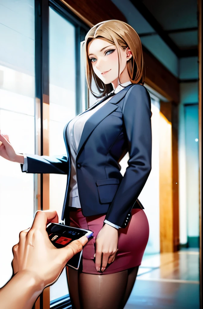 woman wearing a skirt、Rear view of a man in a suit, (software) safe for work, she is holding a smartphone, A woman seeing me off at the entrance, tits, she sees off、man going to work, 　pov,check the phone of, Ecchi style, exciting illustrations, digital manga, a teasing smile, illustrative!!, shoujo manga, in a Japanese apartment