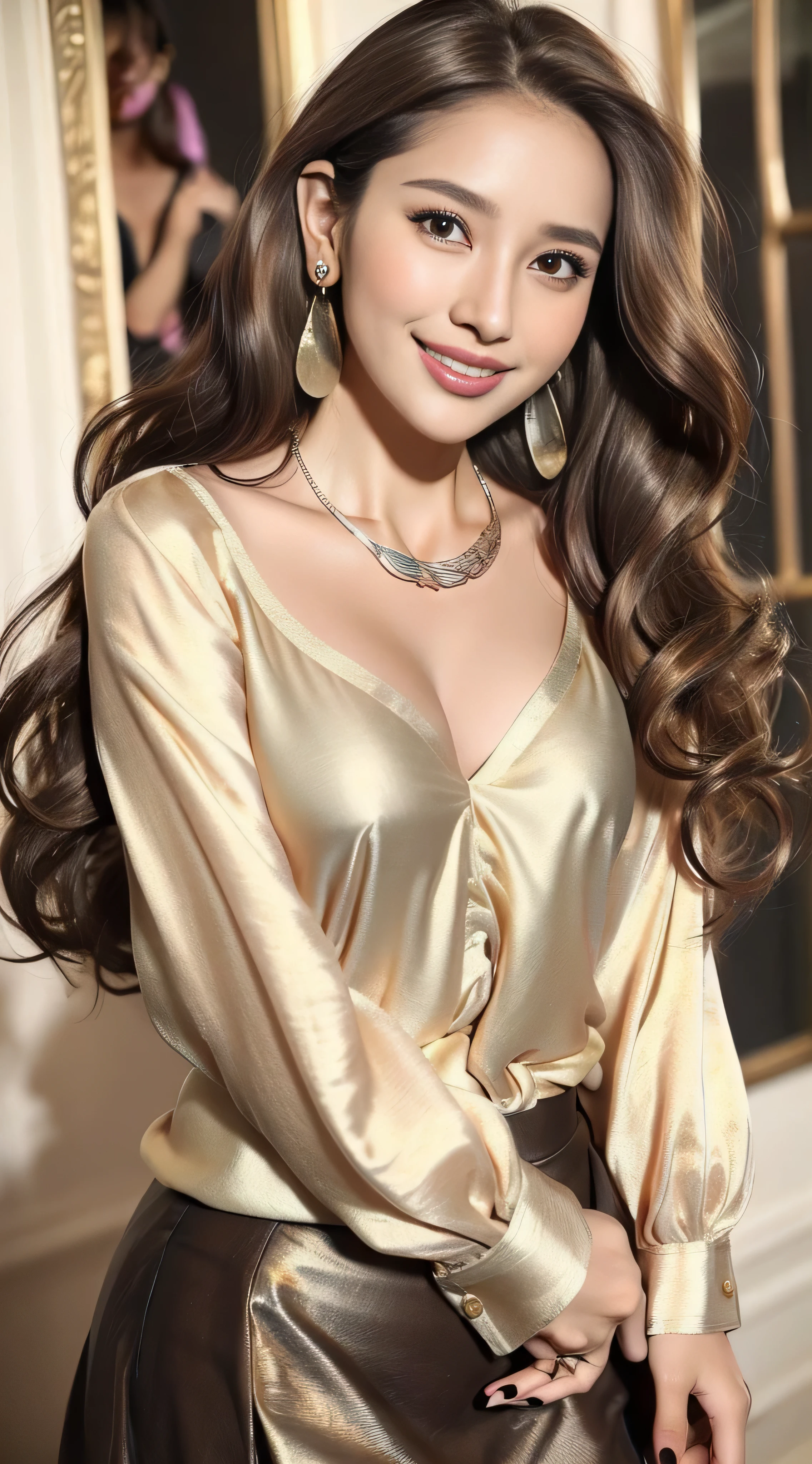 fashion model 18 years old[[[Close-up cleavage]]、[[[tits]]]]、[[[hip joint]]]]、[[[hip joint]]]]、perfect eyes、perfect iris、perfect lips、perfect teeth、perfect skin、Fair skin、soft front light、hdr、movie girls、((Super long brown hair:1.2))((Hair with loose waves inside:1.2)),((gold necklace_Large earrings:1.2)),((shy smile:1.3)),(inside a private jet、indoor、super detailed background:1.2))、((Bewitching beautiful mature elite secretary in luxurious silk blouse:1.3)、((Blouses and skirts, Wearing a silk blouse, wear a shirt and skirt:1.3)), 