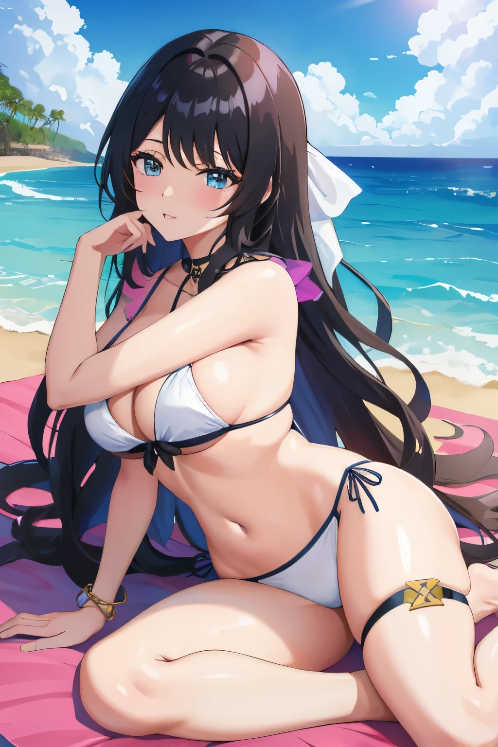 Rangiku Matsumoto in bikini blanco laying on the beach with a blue sky, Rubio goddess, Rubio, en una playa soleada, sexy girl with long Rubio hair, posando en la playa, bikini blanco, en una playa tropical, posing en una playa with the ocean, en una playa, wearing a bikini blanco, karol bak uhd, with beautiful exotic, Rubio swedish woman