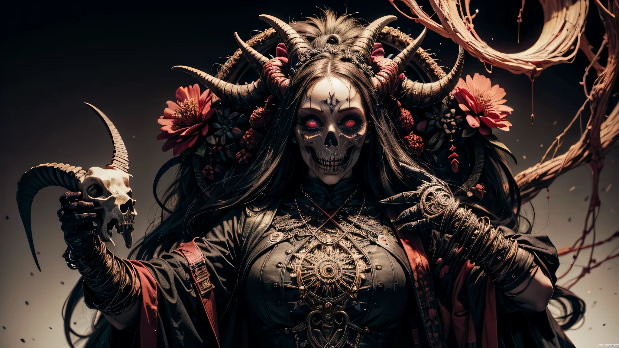 Fine matte painting, skeleton dark angel big wings haunted castle on drawing table full of knives, horror, spookiness, scary, secret horror, tentacles, vines, eyes, uncanny valley effect teeth, limbs, animals, blood moon