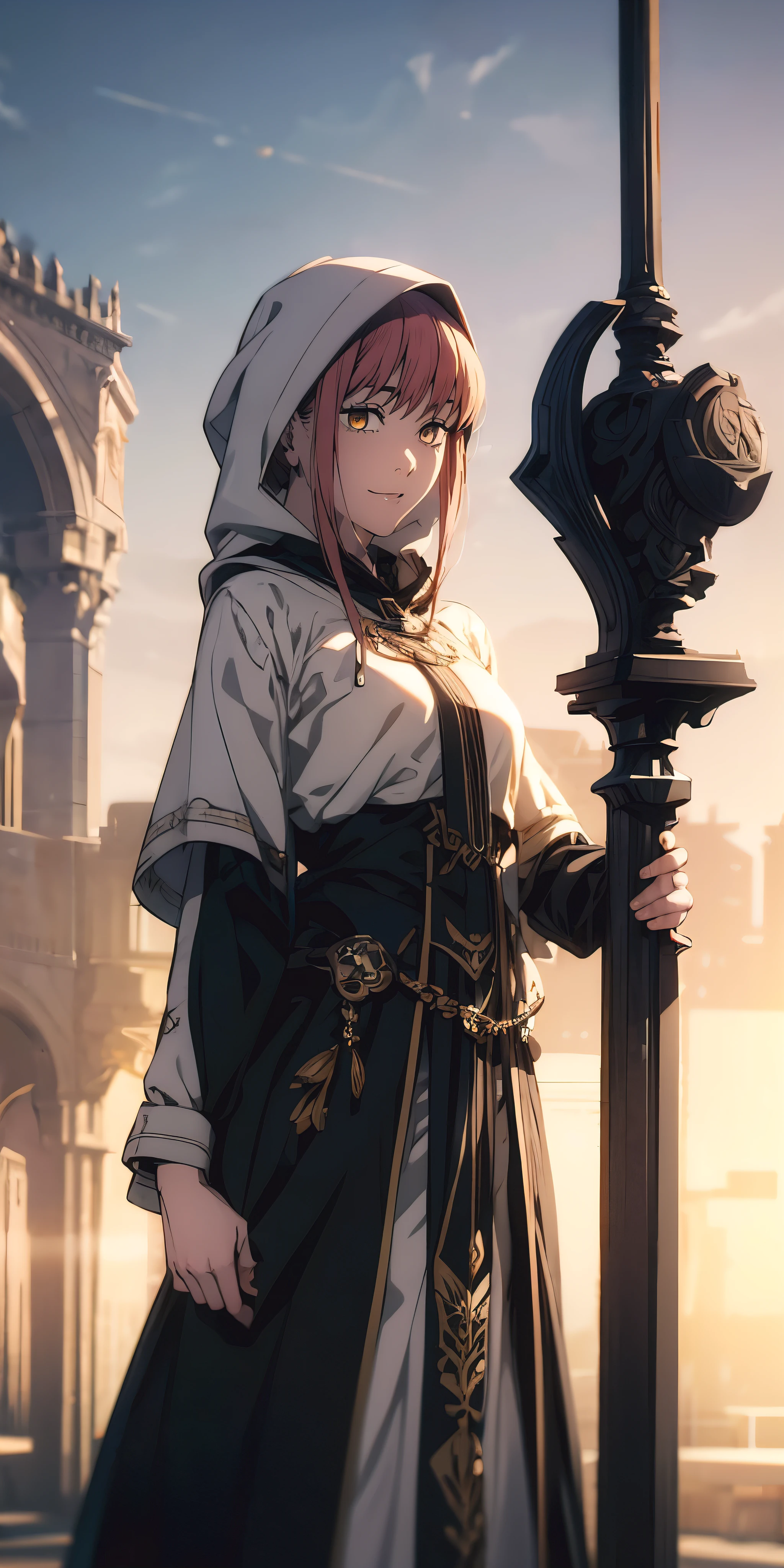 Makima, ringed eyes, light-red hair, braided ponytail, bangs, yellow eyes, sidelocks, long hair, hood, 1girl, weapon, holding,, sword, solo, bangs, holding_weapon, looking_at_viewer, hood_up, gloves, dress, capelet, long_sleeves, (shaded face:1.2), hollow eyes, ringed eyes, yellow eyes, looking at viewer, heavy breathing, seductive smile, lips, hood, "glow effects, godrays, Hand drawn, render, 8k, octane render, cinema 4d, blender, dark, atmospheric 4k ultra detailed, cinematic, Sharp focus, big depth of field, Masterpiece, colors, 3d octane render, 4k, concept art, trending on artstation, hyperrealistic, Vivid colors, extremely detailed CG unity 8k wallpaper, trending on CGSociety, Intricate, High Detail, dramatic"