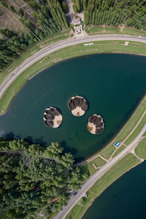 aerial view of a lake shaped like a cat's paw