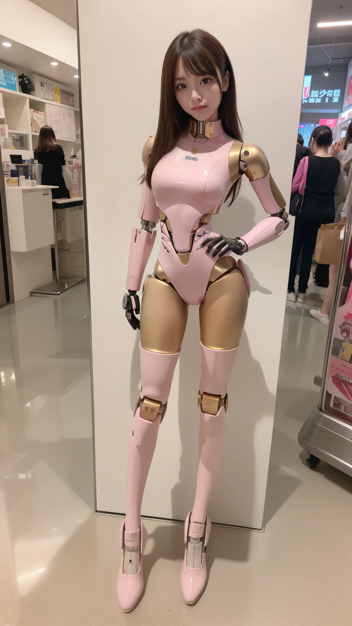 (Photorealsitic:1.4)、one robot woman、(top-quality)、(hyperdetailed face)、(Super well-formed face)、(Robot Parts)、(Female-Robot)、(25 years-old)、(White)、(pink there)、(gold)、(metallic)、(full-body)、(sexy pose)、(Slender body)、(Model body type)、(full body mech)、(mechanical exposure)、(Akihabara)、(is looking at the camera)、(A brown-haired)、(Well-proportioned body)、(a small face)、(a small head)、(well-groomed fingers)、(Idol)、(front facing)、(Standing with legs open)、(Photo session)、(Looks sad)、(perfect-female-robot)、(perfect-mechanical-body)