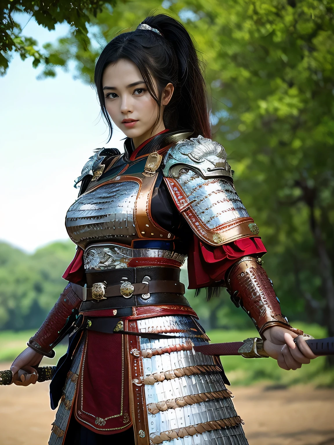 masterpiece，Best quality，HD quality，face close-up，A high resolution，8K，Ancient battlefield background, ((field：1.8))，(Female generals on the battlefield in the Han Dynasty)，18-year-old girl，（long ponytail hairstyle)，cparted lips，Full and erect breasts，Noble and charming，Elegant and serious，Chinese armor,sword, Chinese architecture, Brown cape，，The combination of white metal and red leather，chest armor，metallic luster，Leather buckle，Exquisite pattern，mysterious badge，Cool and gorgeouig breasts))，Chest groove，Three Kingdoms character painting style，Photo pose，oc render reflection texture，charming smile，Head-up shot，bright afternoon，woodland background