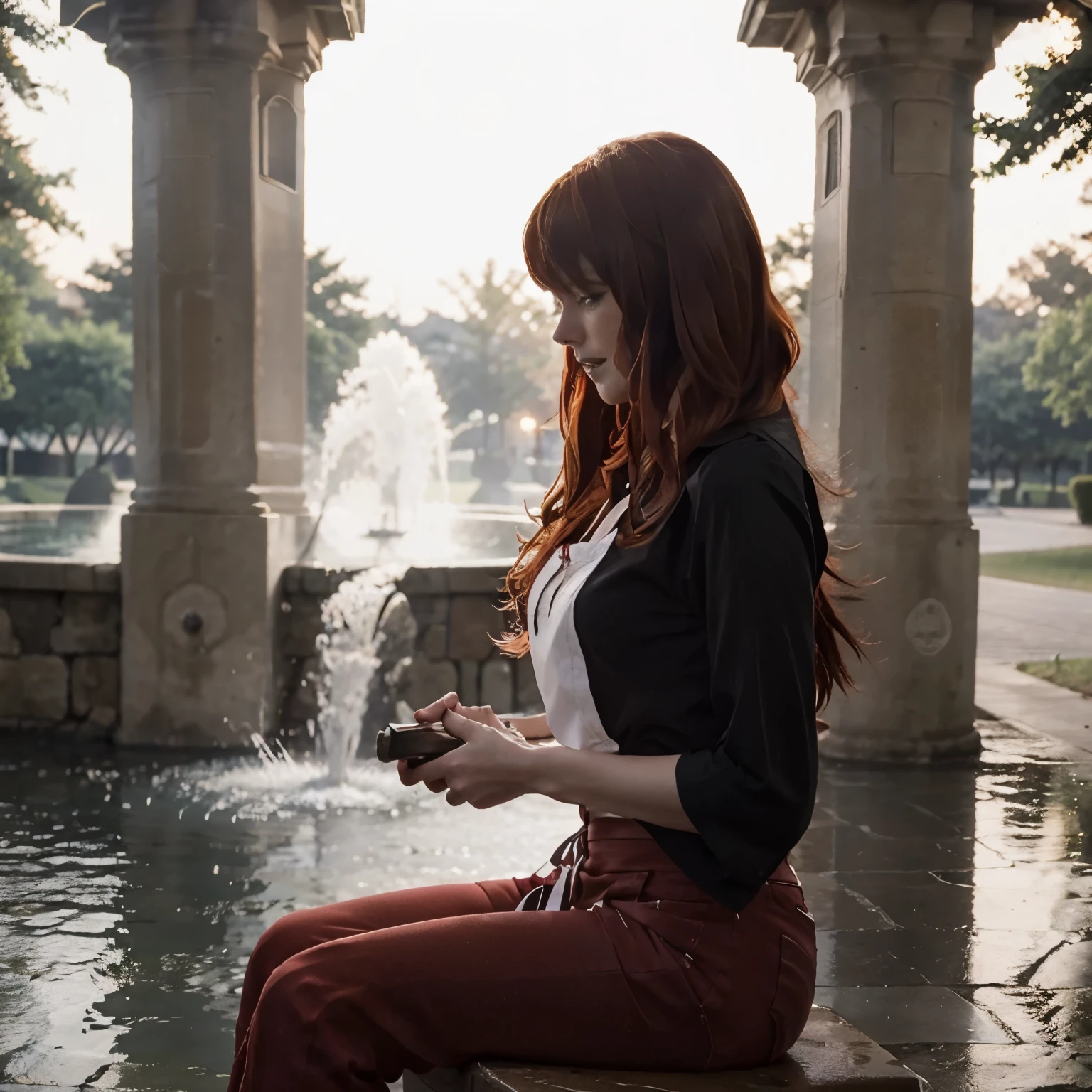 Beautiful girl. Devola. Redhead. She is wearing red pants, a black blouse and a white apron. Sitting in front of a fountain. Playing guitar. She is sad and crying