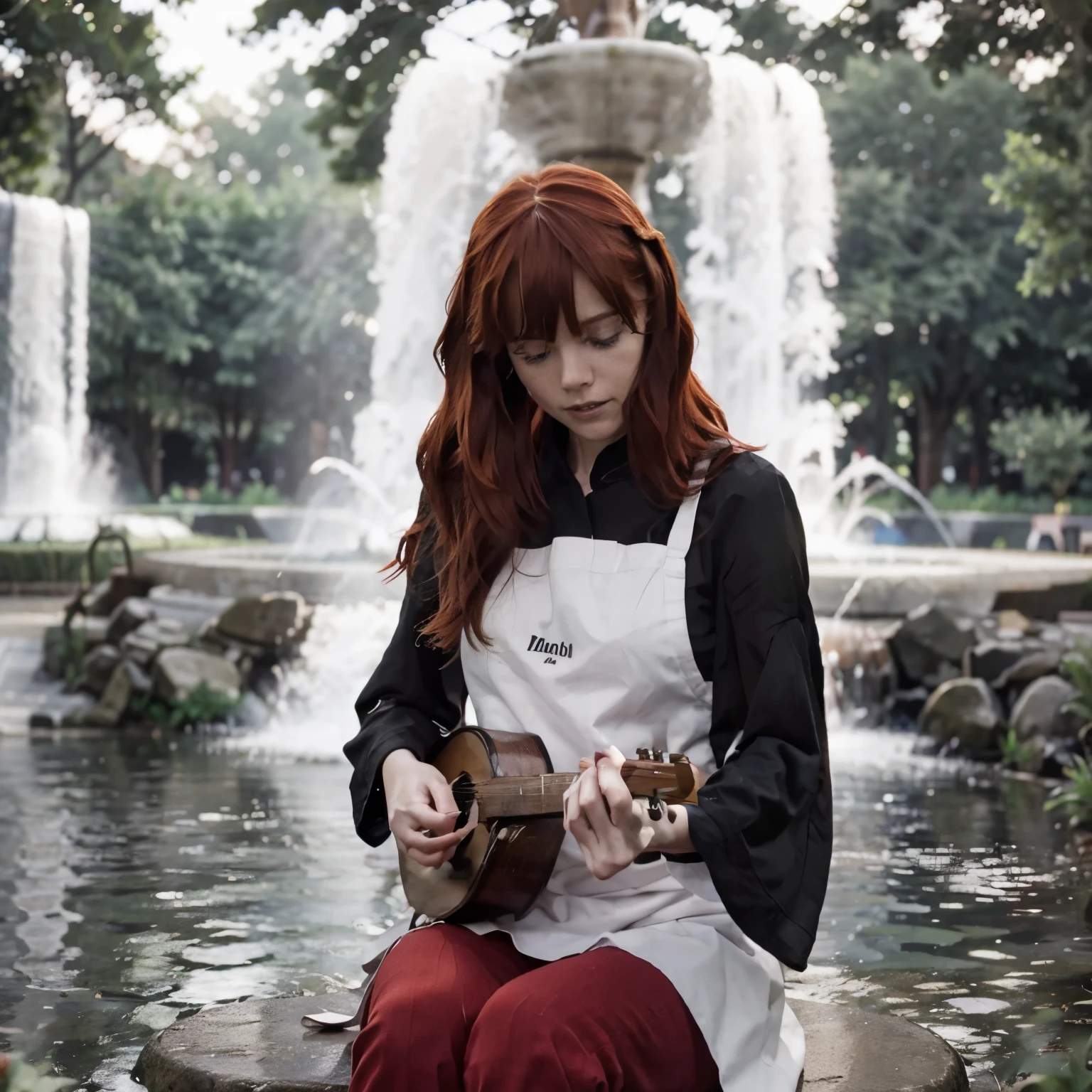 Beautiful girl. Devola. Redhead. She is wearing red pants, a black blouse and a white apron. Sitting in front of a fountain. Playing guitar. She is sad and crying