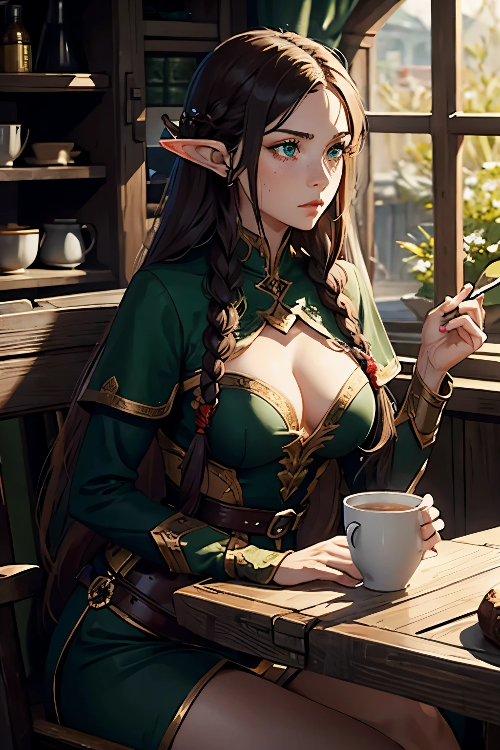 A female elf, long hair in red braids, very green eyes, freckles, thin lips, round face, medium breasts, wide hips, wearing black elf warrior clothes, imposing and distinguished, beautiful and arrogant female elf, serious and superior elf, sitting at a table in a tavern drinking a mug of beer and being admired by several adventurers