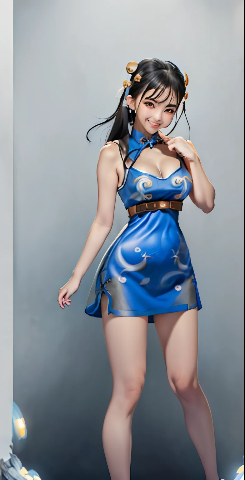 （8k、Raw photography、highest quality、masterpiece：1.2),(black hair:1.7),(beautiful girl:1.4),mini skirt cheongsam、bare legs、beautiful太もも、show viewer,Looking at the front,erotic,白いskin,(street fighter chun li 、wearing a blue qipao dress:1.6)、(Clothing that emphasizes the shape of your chest、publish one&#39;skin:1.5)、(big breasts :1.4)、slim body shape、ultra high resolution,beautiful,beautiful fece,(alone, no background:1.9),whole bodyボディー,(cute japanese woman:1.6),（Photoreal：1.37）、photon mapping,reality、(Baby-faced and cute: 1.8)、(cute smile: 1.7)、(With a round face: 1.8)、radio city、Physically based rendering、depth of field rally background、photograph, (I can see your knees,close up of thighs、Very short cheongsam、I can see white pants:1.6),whole body、super fine