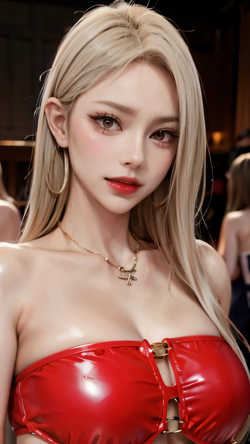 masterpiece, formal, (Mature women standing in a line sticking out towards the viewer:1.4), (bodycon, micro dress), (detailed pupil, perfect eyes:1.2), (Shiny clothes that reflect light and are very wrinkled:1.2), Sparkling, Sparklingした金色, (hoop earrings), necklace, latex, glowing skin, glamorous perfect female proportions, enchanting smile,  fine surface texture, evil smile, (venue)